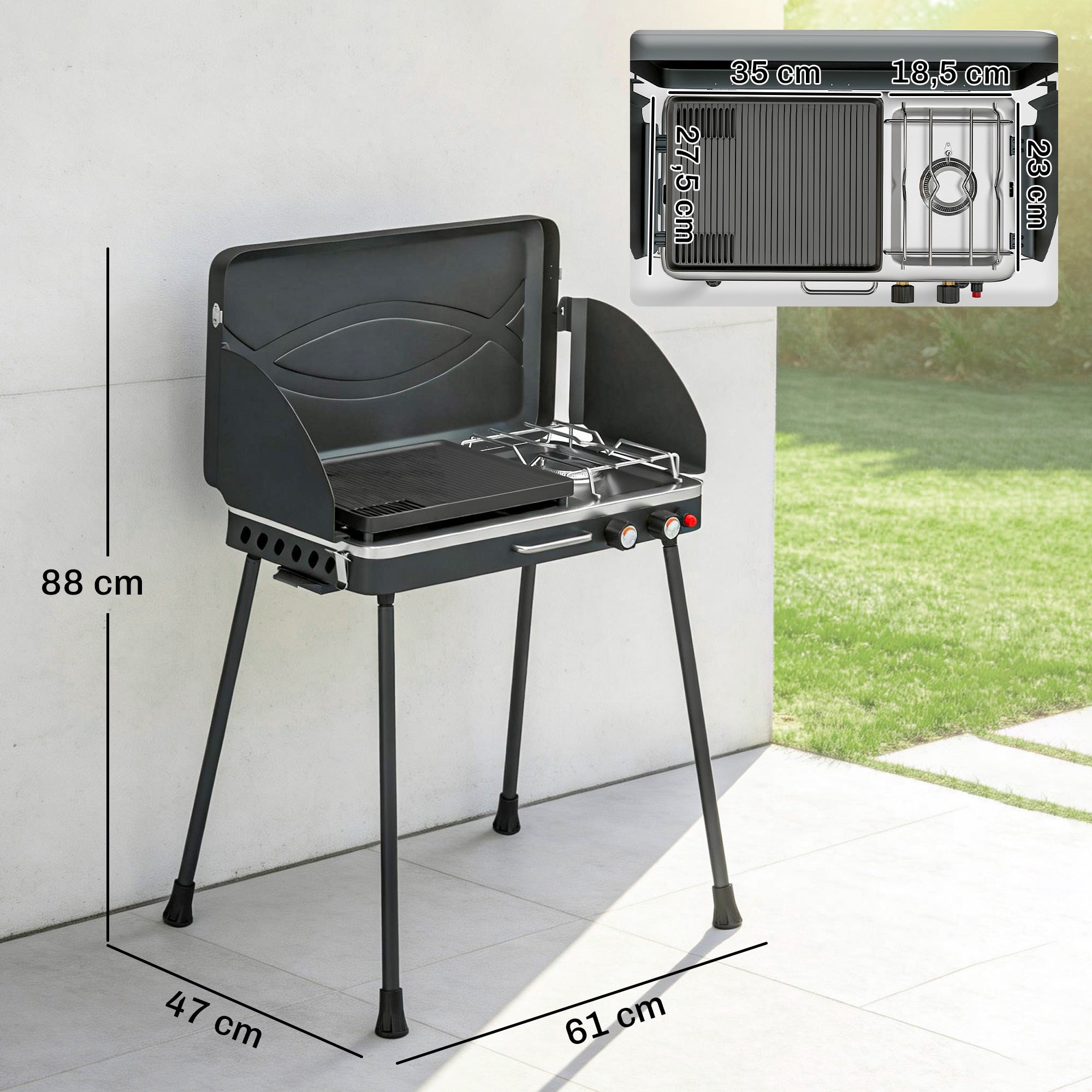 Outsunny Barbacoa de Gas Portátil 2 en 1, Barbacoa de Gas Propano 7 kW de Mesa o de Pie con Plancha Grande, Patas Desmontables, Protectores de Viento, para Picnic, Camping, Negro