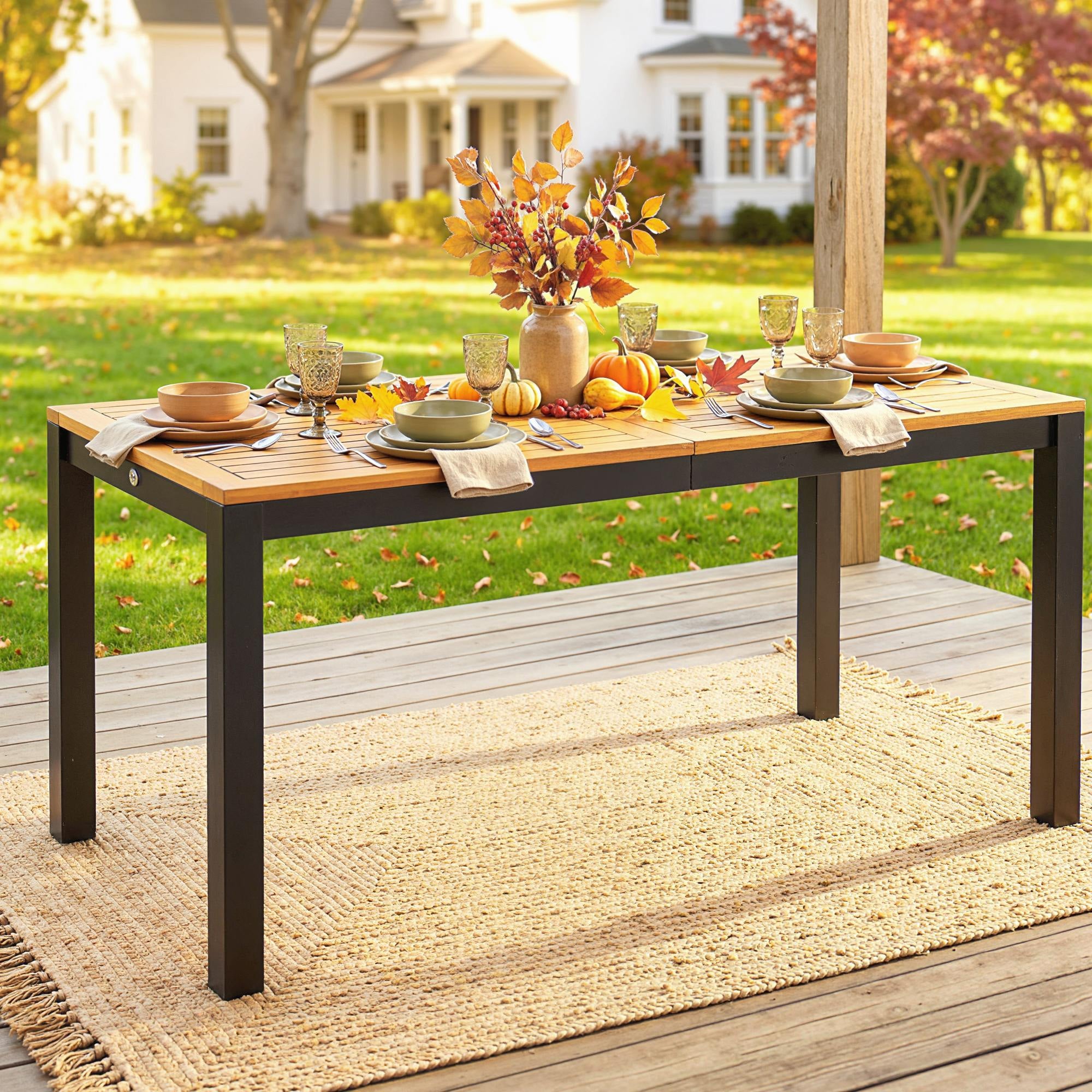Outsunny Mesa de Comedor de Jardín de Madera de Acacia, Mesa de Terraza Exterior Rectangular 150x75x75 cm con Tablero de Listones, Orificio Sombrilla para 6 Personas, Carga 80 kg, para Patio, Natural