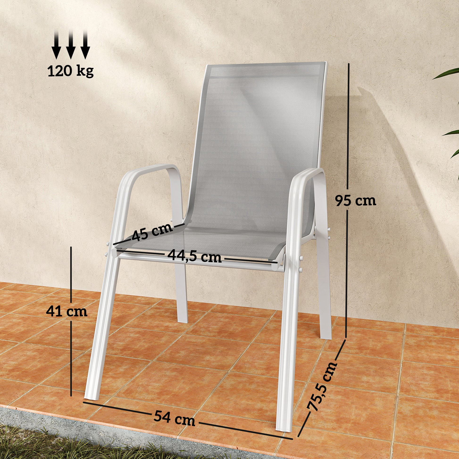 Outsunny Juego de 4 Sillas de Jardín Exterior Sillas Terraza Exterior Apilables Sillón de Comedor con Tela Transpirable Marco de Metal Reposabrazos y Respaldo 54x75,5x95 cm Gris Claro