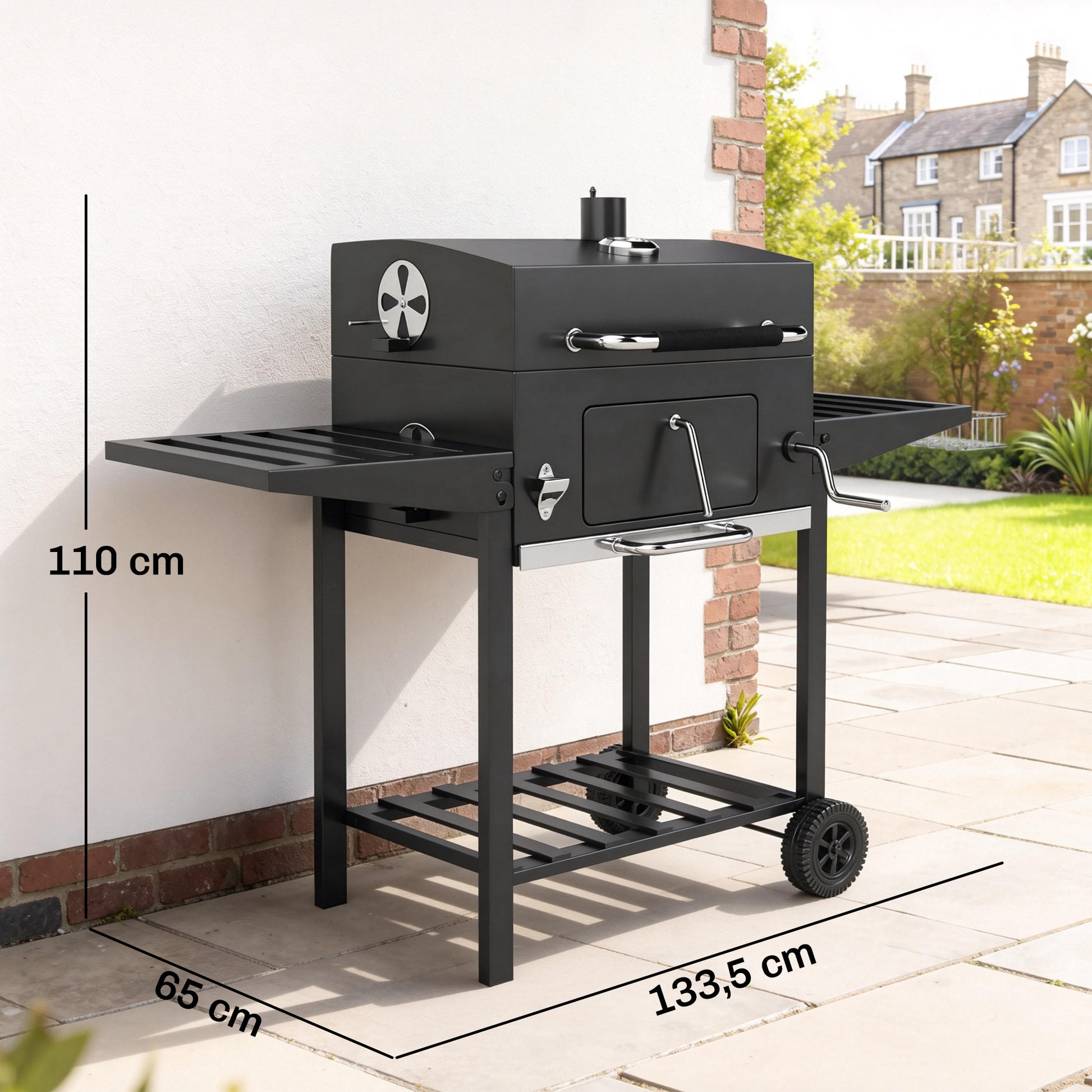 Outsunny Barbacoa de Carbón Portátil, Barbacoa de Carbón Móvil con Bandeja Ajustable, Estantes Plegables, Termómetro, Tapa, Chimenea, Ventilaciones, Cajón de Cenizas, Ruedas, Cesta Lateral, Asa, Negro