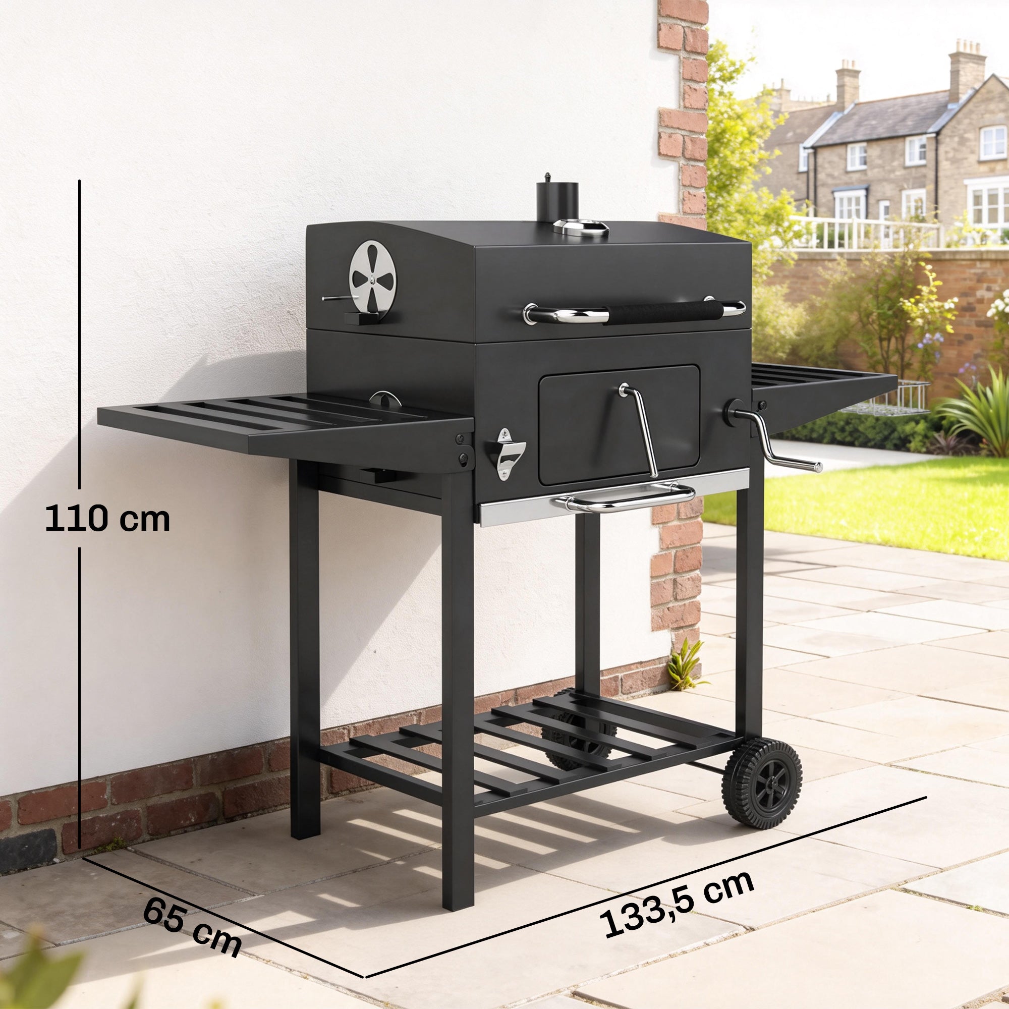 Outsunny Barbacoa de Carbón Portátil, Barbacoa de Carbón Móvil con Bandeja Ajustable, Estantes Plegables, Termómetro, Tapa, Chimenea, Ventilaciones, Cajón de Cenizas, Ruedas, Cesta Lateral, Asa, Negro