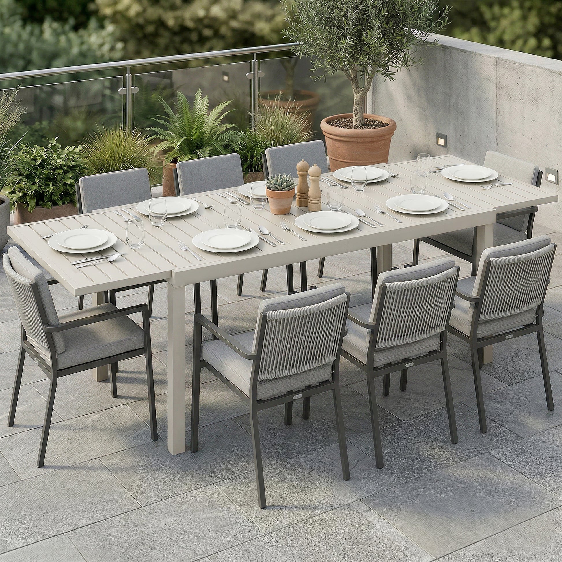 Outsunny Mesa de Jardín Extensible 150/225x85x75 cm, Mesa de Comedor Exterior Extensible Rectangular de Aluminio, con Tablero de Listones para 6-8 Personas, para Patio, Terraza, Blanco