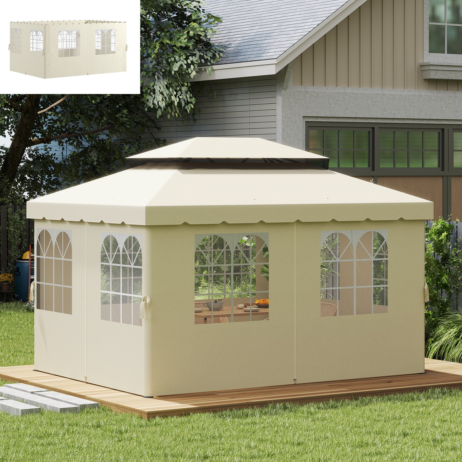 Outsunny 4 Paredes Laterales para Cenador 3x4 m Laterales de Carpa con Ganchos 8 Ventanas Protección UV Reemplazo Lateral para Carpa de Jardín Exterior Fiesta Crema