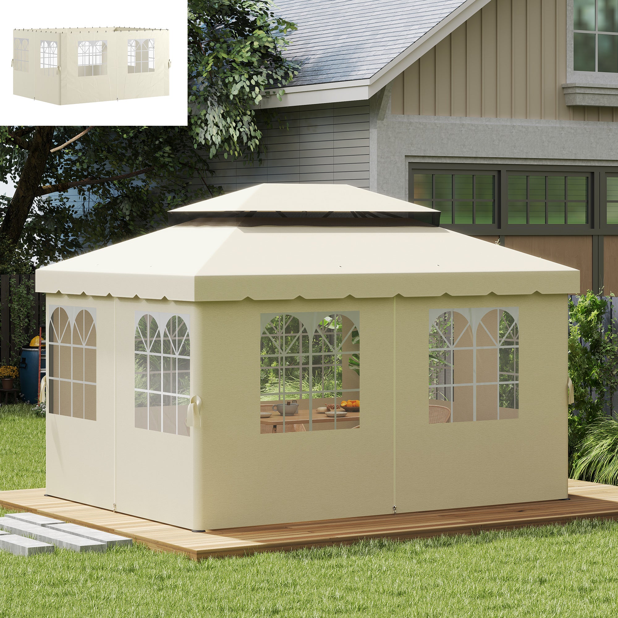Outsunny 4 Paredes Laterales para Cenador 3x4 m Laterales de Carpa con Ganchos 8 Ventanas Protección UV Reemplazo Lateral para Carpa de Jardín Exterior Fiesta Crema