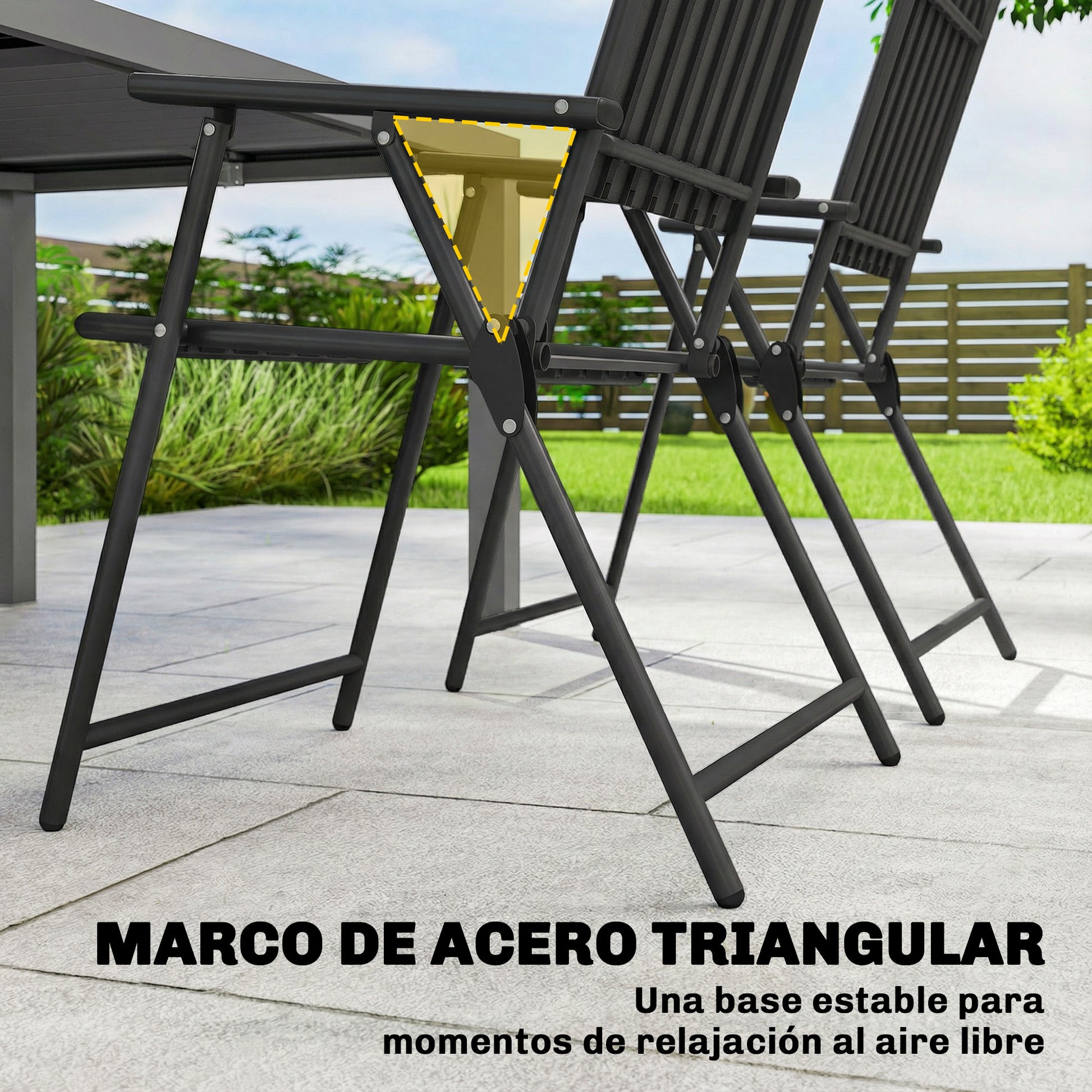 Outsunny Juego de 4 Sillas de Jardín Exterior Plegables, Sillas Terraza Exterior con Reposabrazos, Respaldo y Asiento de PP, Marco Metálico, 55x63x93 cm, Negro