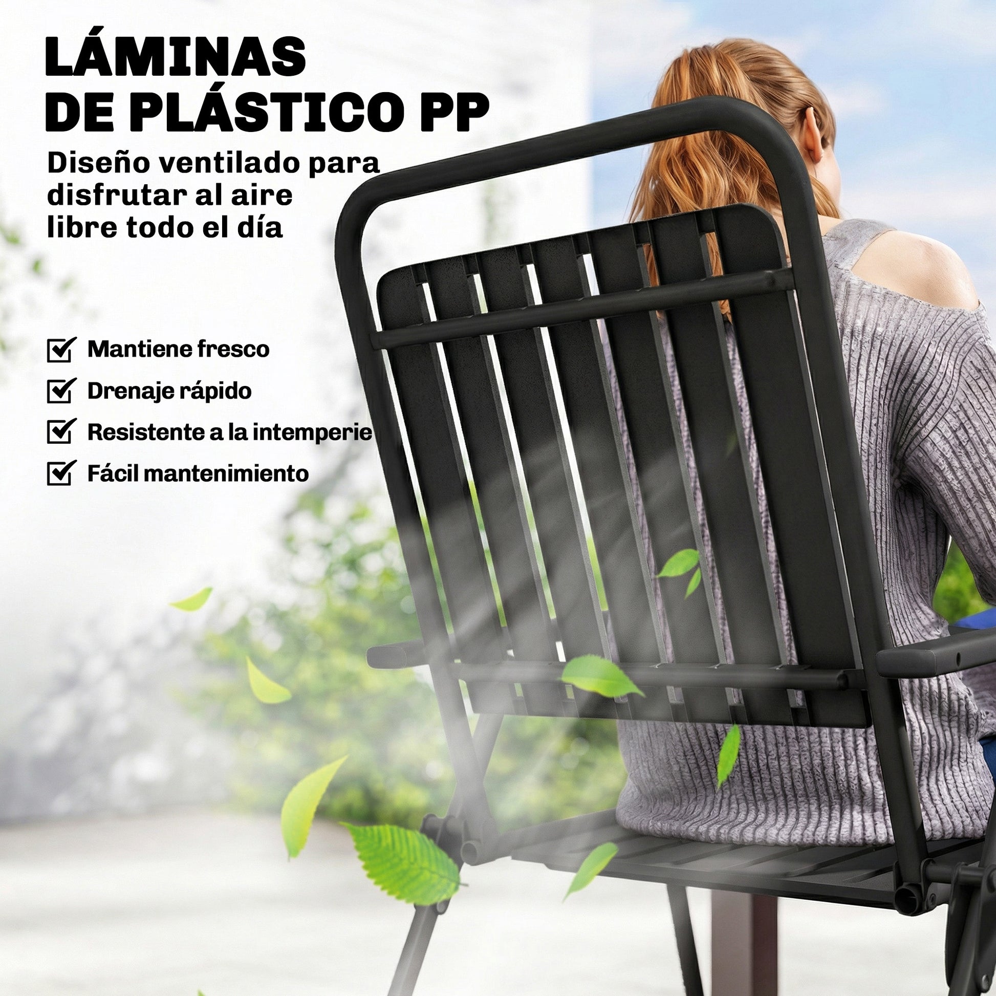 Outsunny Juego de 4 Sillas de Jardín Exterior Plegables, Sillas Terraza Exterior con Reposabrazos, Respaldo y Asiento de PP, Marco Metálico, 55x63x93 cm, Negro