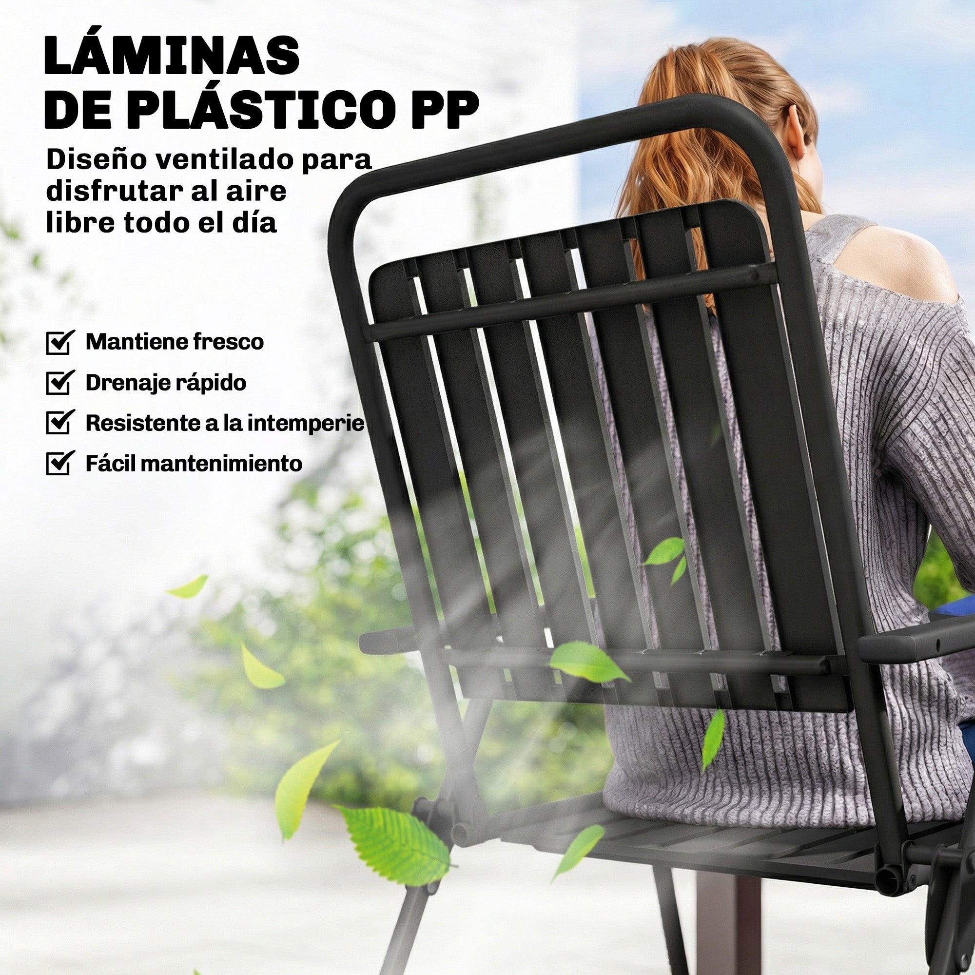 Outsunny Juego de 4 Sillas de Jardín Exterior Plegables, Sillas Terraza Exterior con Reposabrazos, Respaldo y Asiento de PP, Marco Metálico, 55x63x93 cm, Negro