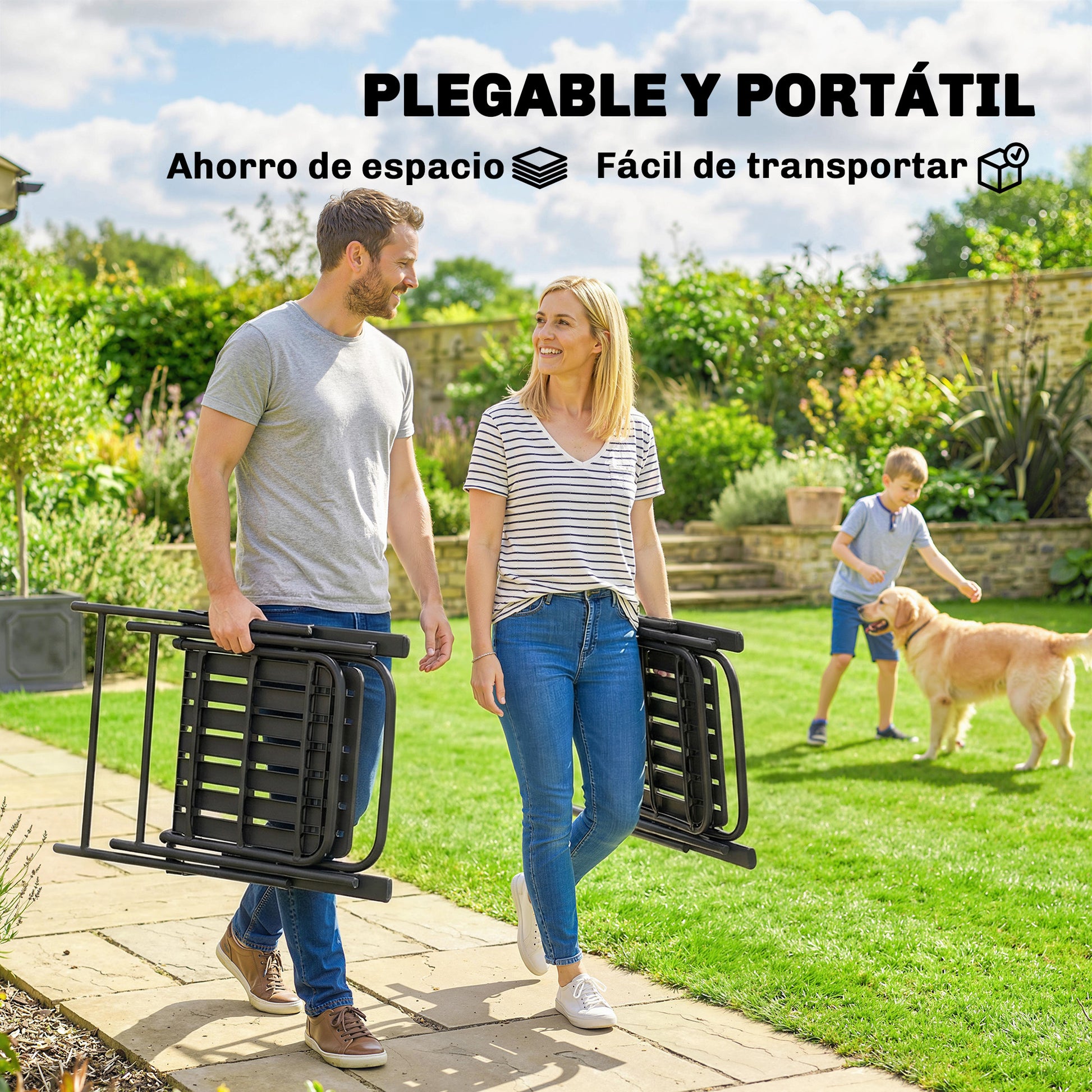 Outsunny Juego de 4 Sillas de Jardín Exterior Plegables, Sillas Terraza Exterior con Reposabrazos, Respaldo y Asiento de PP, Marco Metálico, 55x63x93 cm, Negro