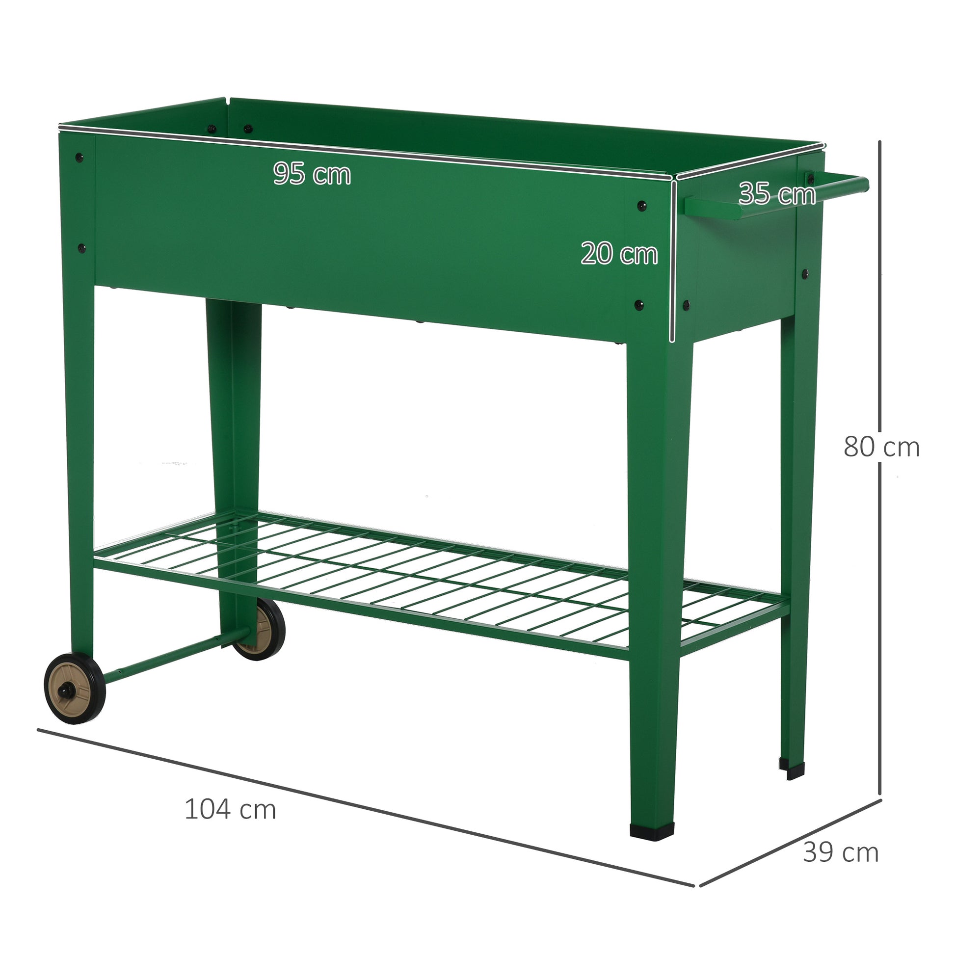 Outsunny Huerto Urbano Jardinera Elevada de Metal Cama de Jardín con Ruedas Asa Lateral y Estante Inferior para Cultivo Plantas Hortalizas Flores 104x39x80 cm Verde