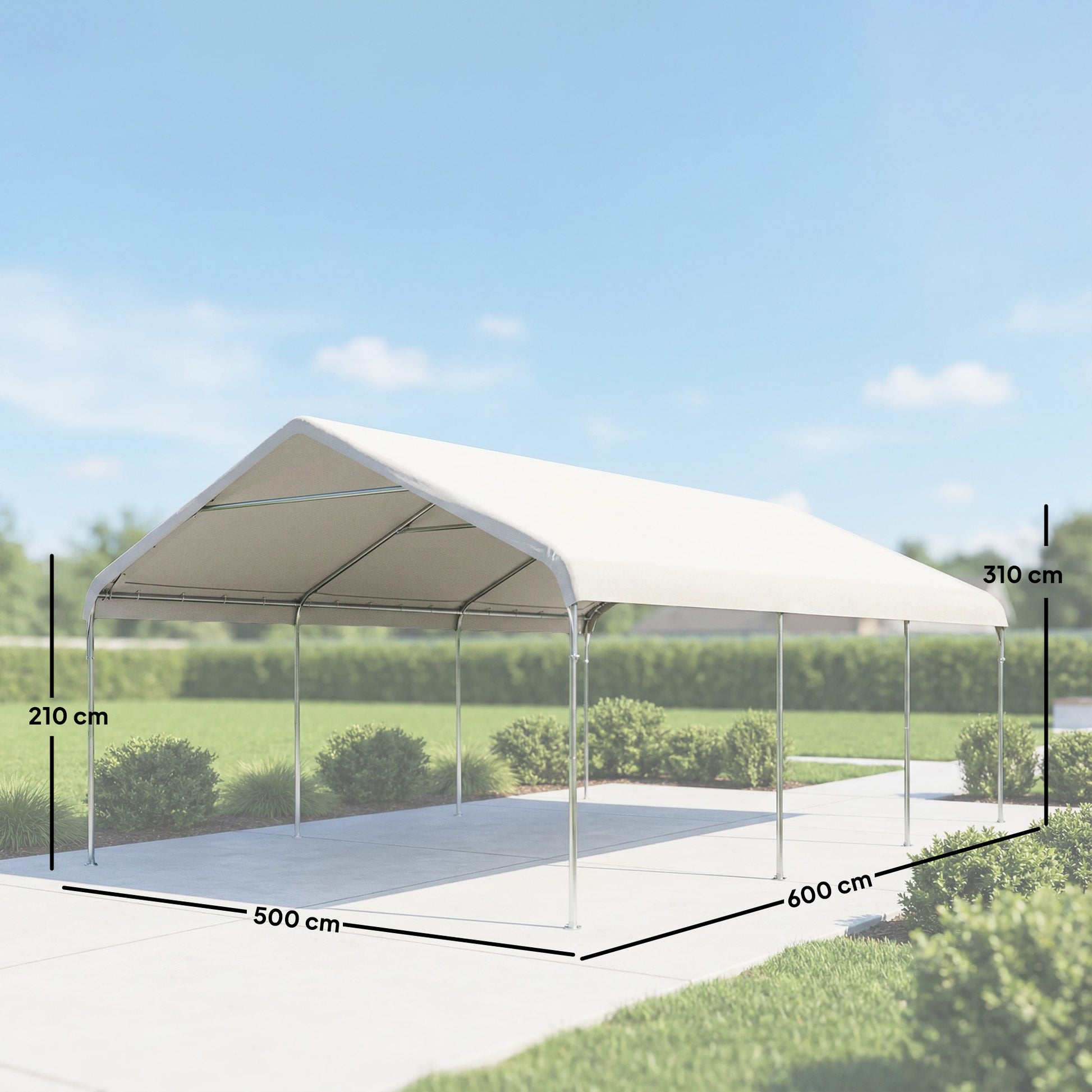 Outsunny Carpa Garaje Portátil 5x6 m, Garaje Exterior para Coche Impermeable con Estructura de Acero Galvanizado, Toldo Resistente Anti-UV, Cobertizo para Herramientas de Jardín, Blanco Crema
