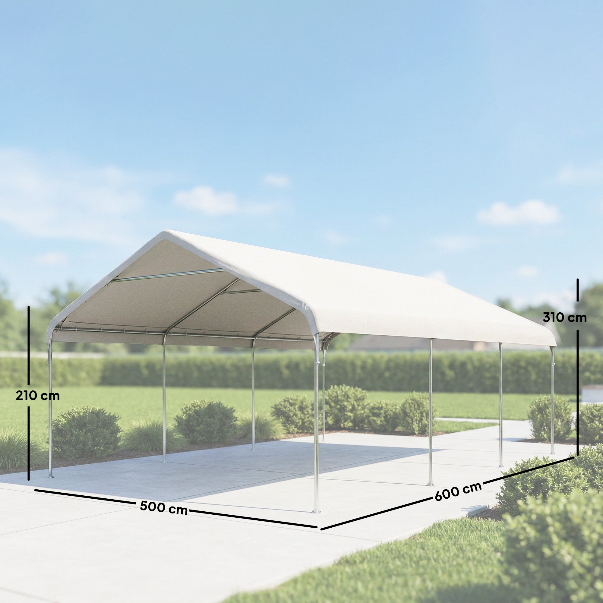 Outsunny Carpa Garaje Portátil 5x6 m, Garaje Exterior para Coche Impermeable con Estructura de Acero Galvanizado, Toldo Resistente Anti-UV, Cobertizo para Herramientas de Jardín, Blanco Crema