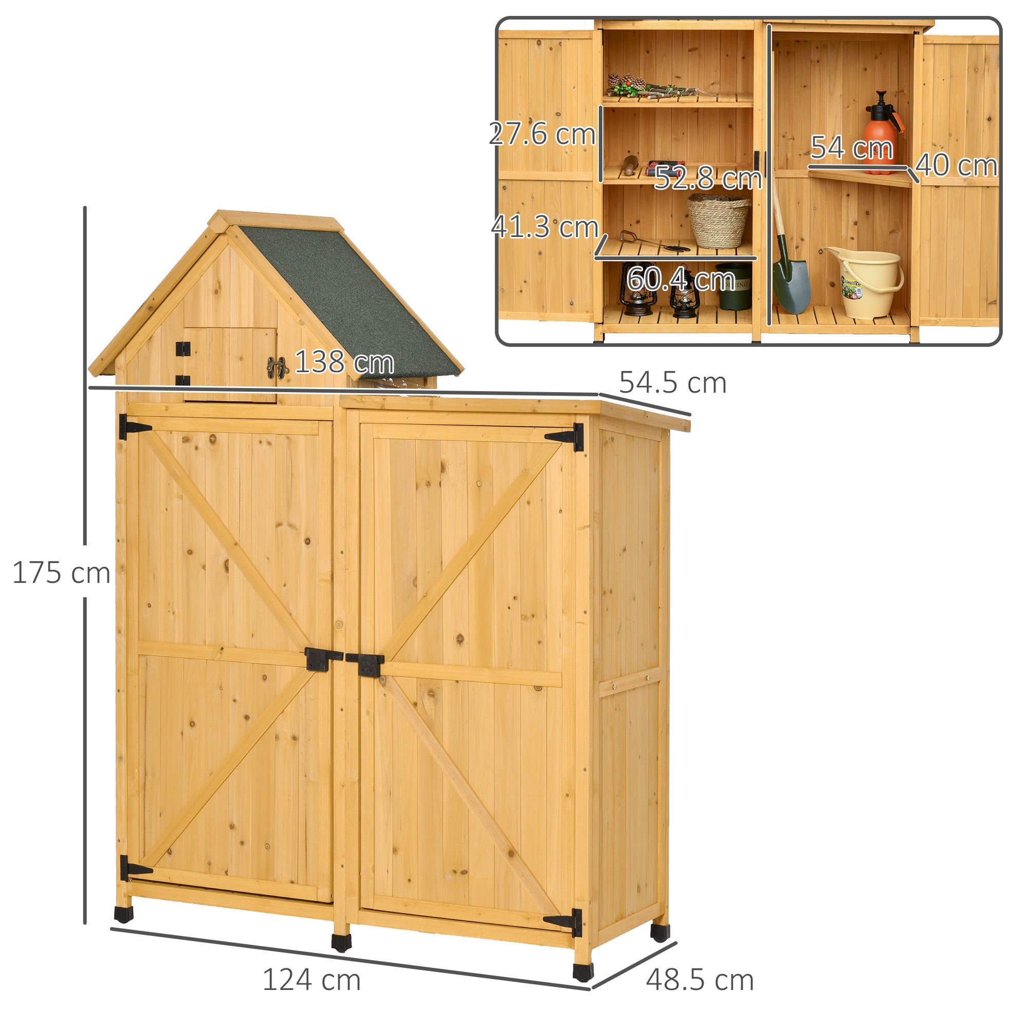 Outsunny Caseta de Jardín de Madera con 2 Puertas 138x54,5x175 cm Cobertizo de Almacenaje Herramientas Techo Asfáltico Estantes Ganchos para Exterior Madera Natural