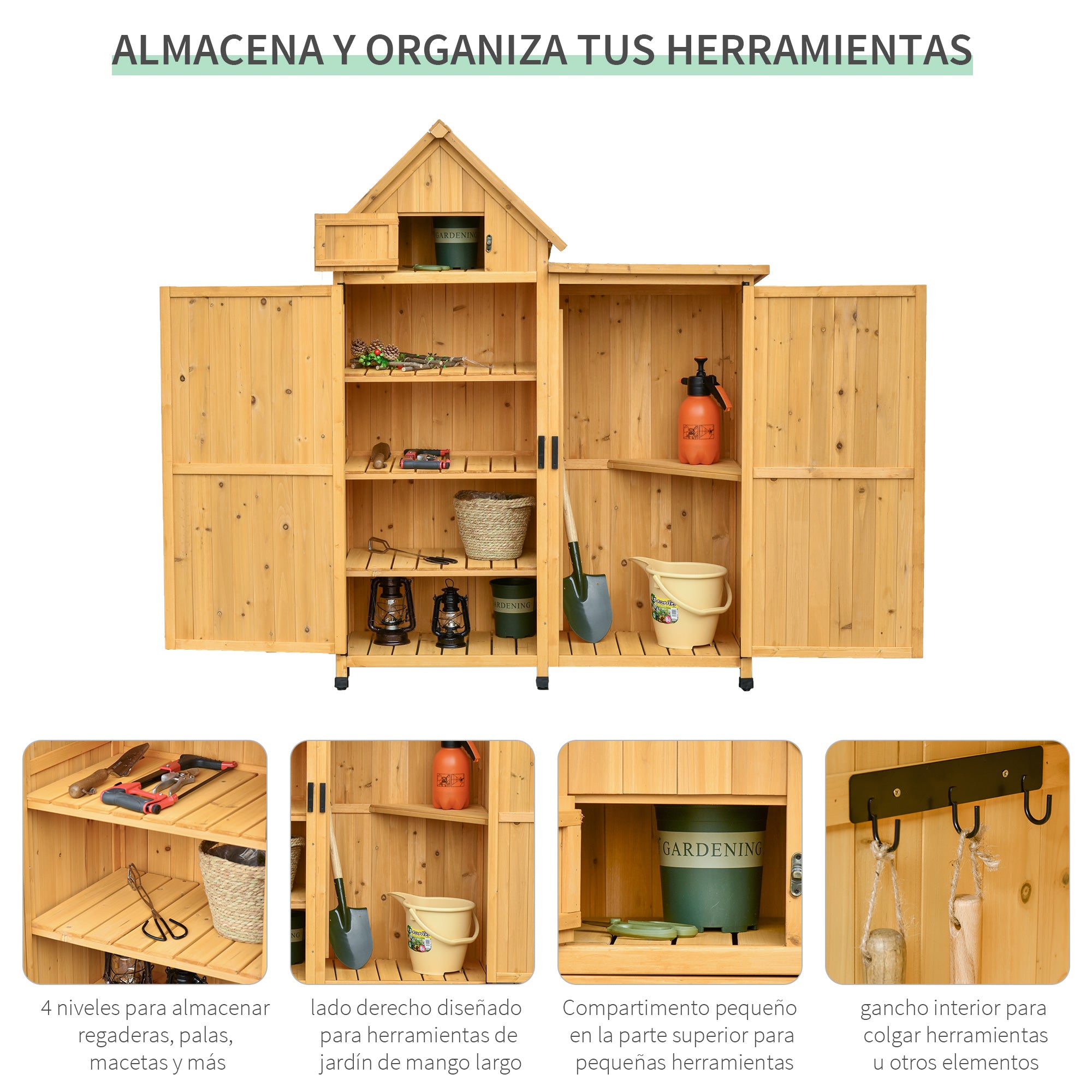 Outsunny Caseta de Jardín de Madera con 2 Puertas 138x54,5x175 cm Cobertizo de Almacenaje Herramientas Techo Asfáltico Estantes Ganchos para Exterior Madera Natural