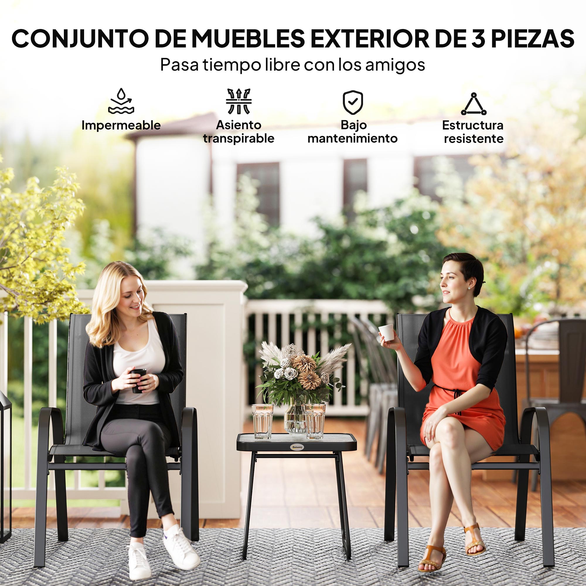 Outsunny Conjunto de Muebles de Jardín 3 Piezas Muebles Exterior Incluye 2 Sillones Apilables con Tela de Malla Transpirable y Mesa de Centro Negro