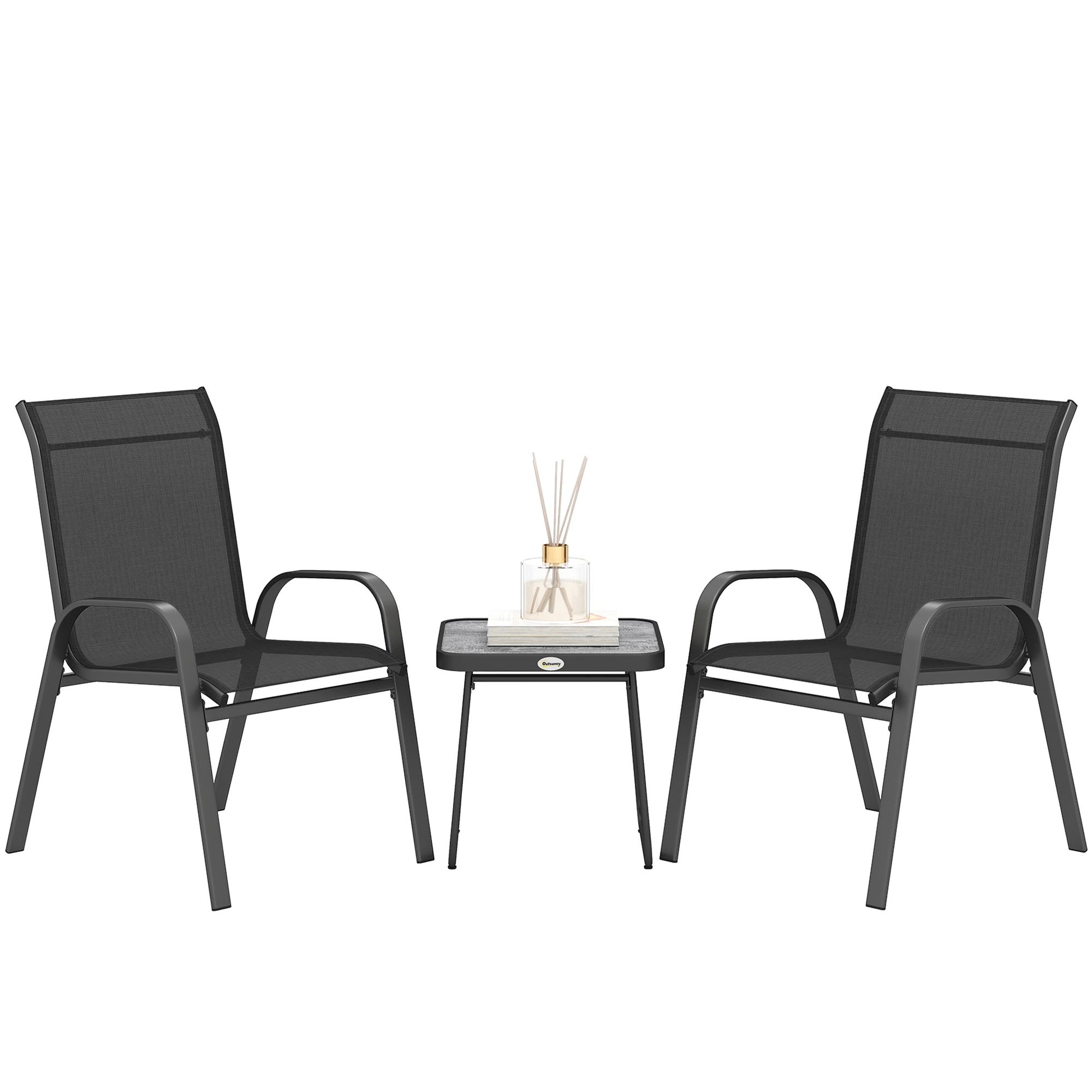 Outsunny Conjunto de Muebles de Jardín 3 Piezas Muebles Exterior Incluye 2 Sillones Apilables con Tela de Malla Transpirable y Mesa de Centro Negro