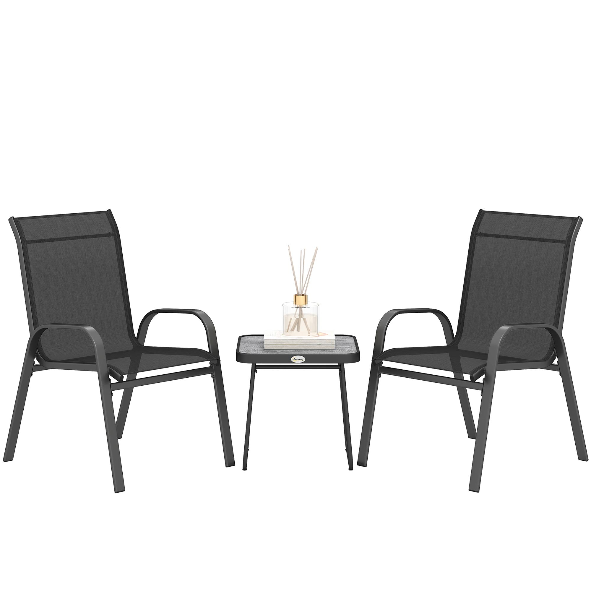 Outsunny Conjunto de Muebles de Jardín 3 Piezas Muebles Exterior Incluye 2 Sillones Apilables con Tela de Malla Transpirable y Mesa de Centro Negro