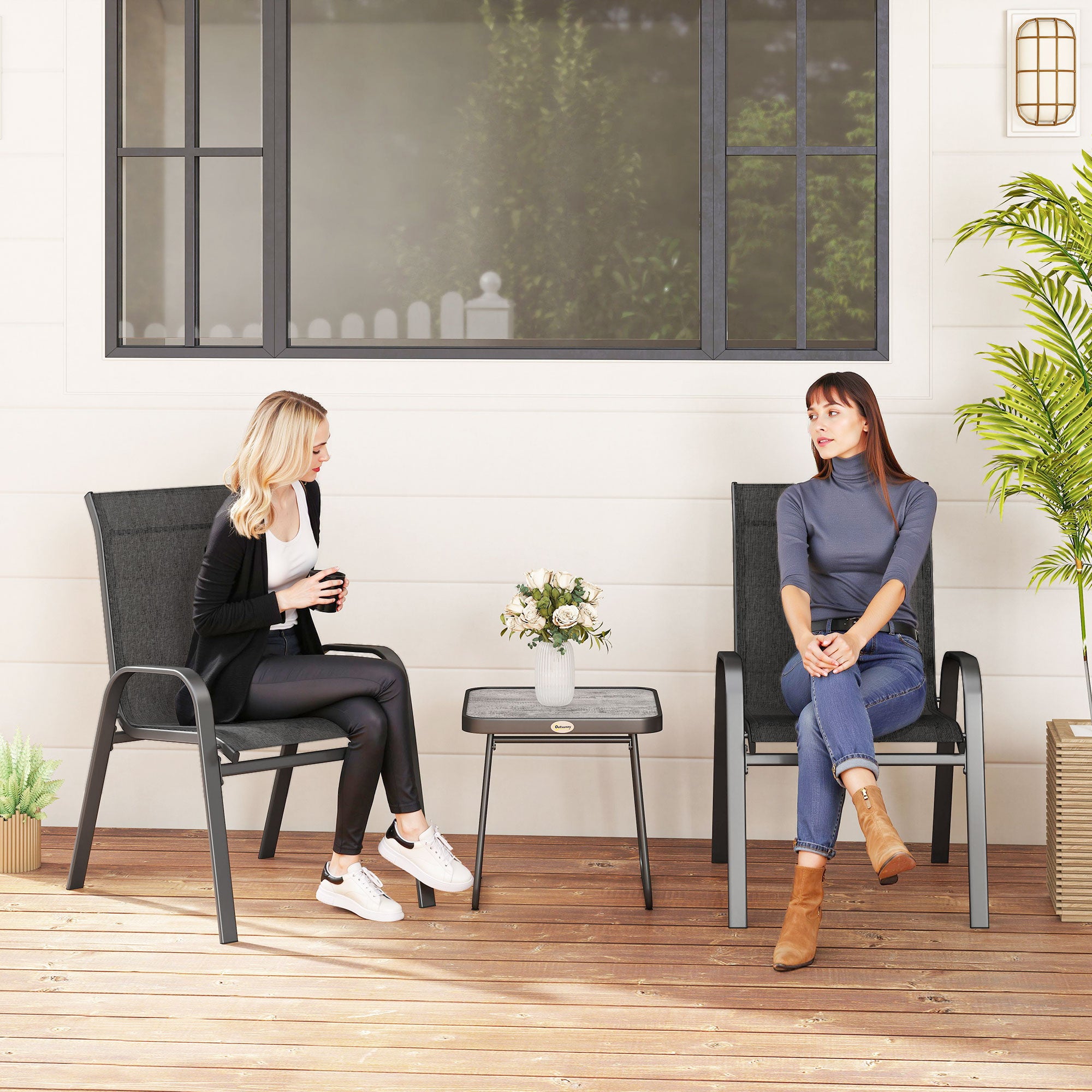 Outsunny Conjunto de Muebles de Jardín 3 Piezas Muebles Exterior Incluye 2 Sillones Apilables con Tela de Malla Transpirable y Mesa de Centro Negro