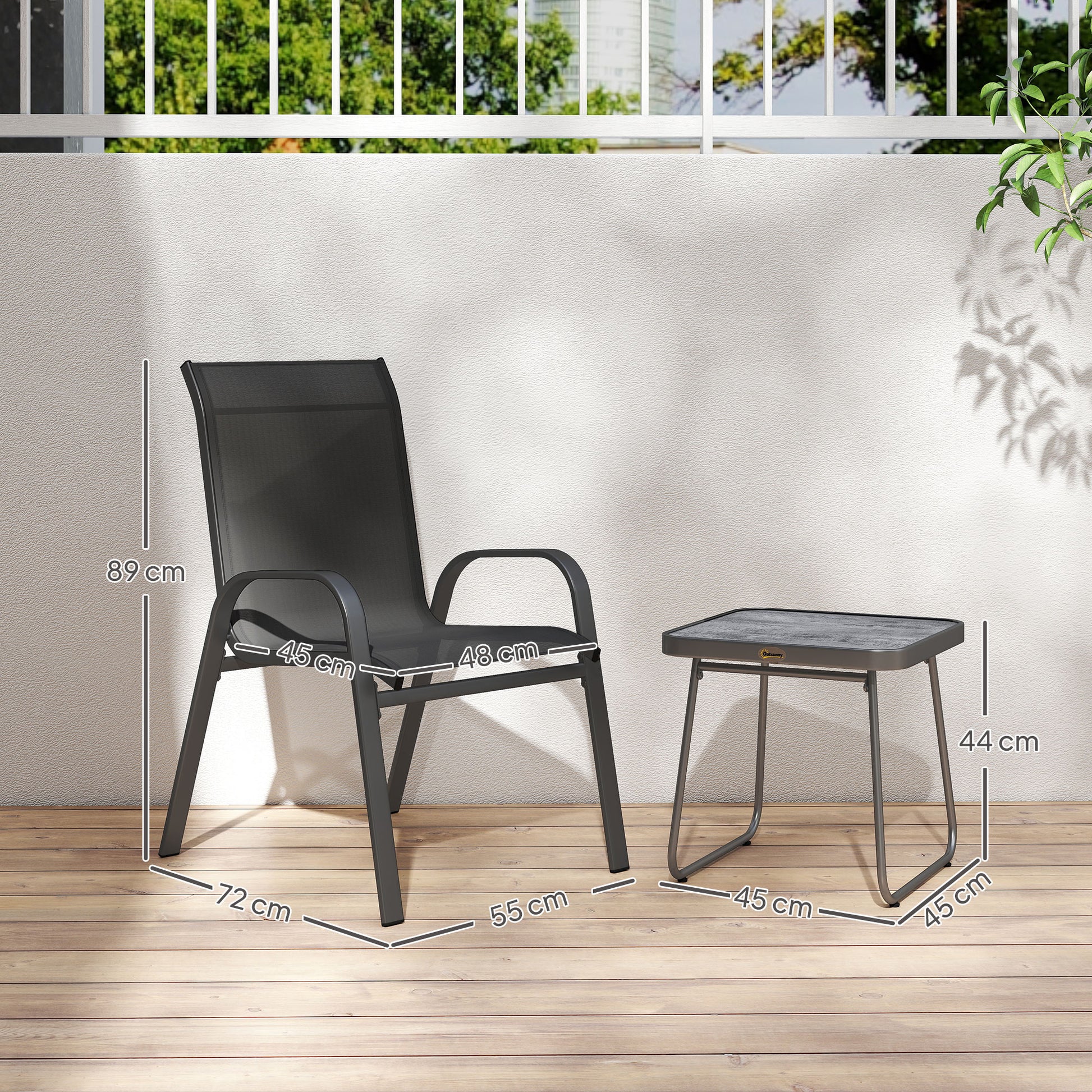 Outsunny Conjunto de Muebles de Jardín 3 Piezas Muebles Exterior Incluye 2 Sillones Apilables con Tela de Malla Transpirable y Mesa de Centro Negro
