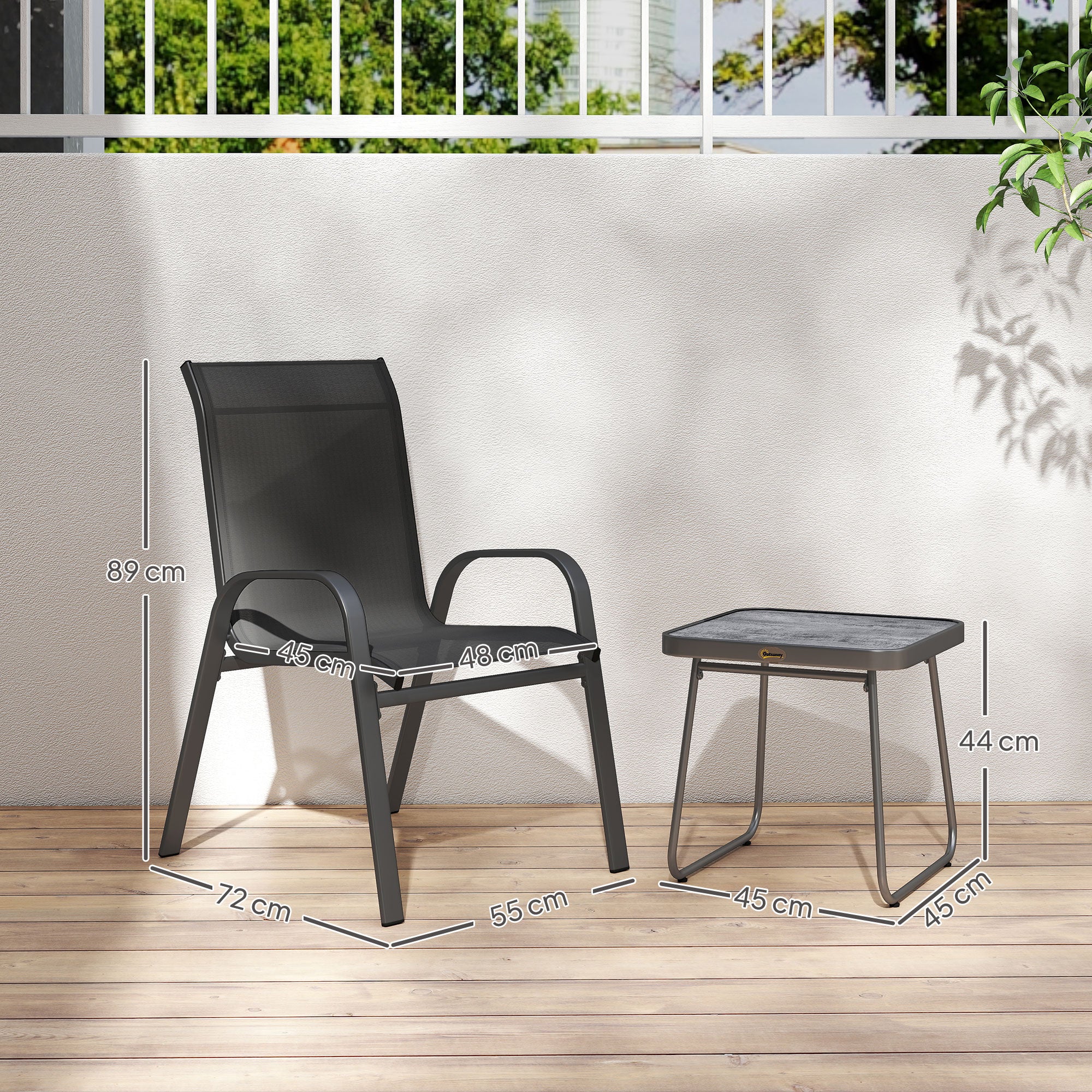 Outsunny Conjunto de Muebles de Jardín 3 Piezas Muebles Exterior Incluye 2 Sillones Apilables con Tela de Malla Transpirable y Mesa de Centro Negro