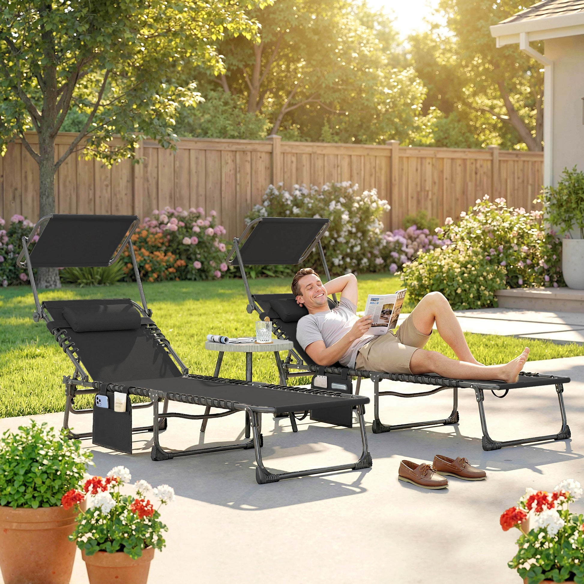 Outsunny Set de 2 Tumbonas Jardín Exterior, Tumbonas Plegables con Reposacabezas, Parasol y Bolsillo Lateral, Respaldo Reclinable 5 Posiciones y Asiento Malla Transpirable para Playa, Piscina, Negro