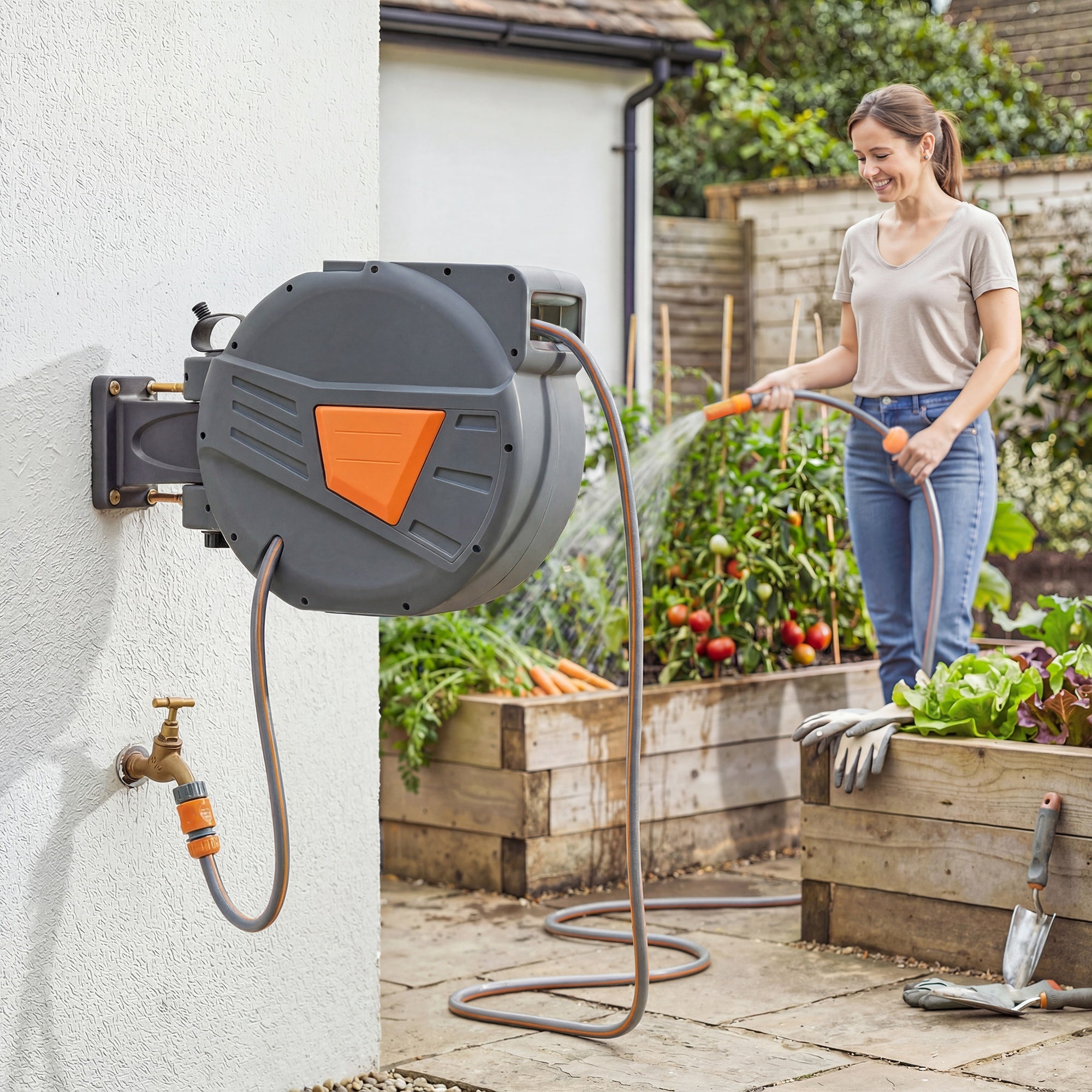 Outsunny Enrollador de Manguera para Jardín 30+2 m con Boquilla de 2 Modos, Carrete de Manguera de Jardín de Pared con Bloqueo Automático y Retracción Controlada, Soporte Orientable 180°, Naranja