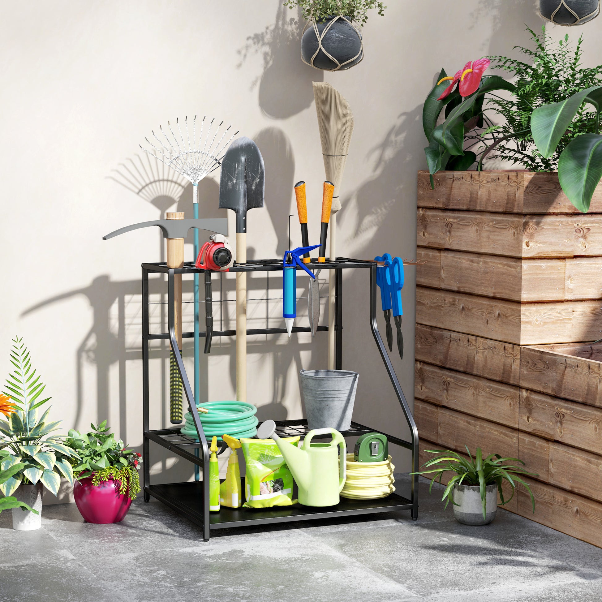 Outsunny Organizador de Herramientas de Jardín, Estantería de Almacenamiento de 3 Niveles para Garaje con Ganchos, para Palas, Rastrillos, Escobas, Soporte de Metal