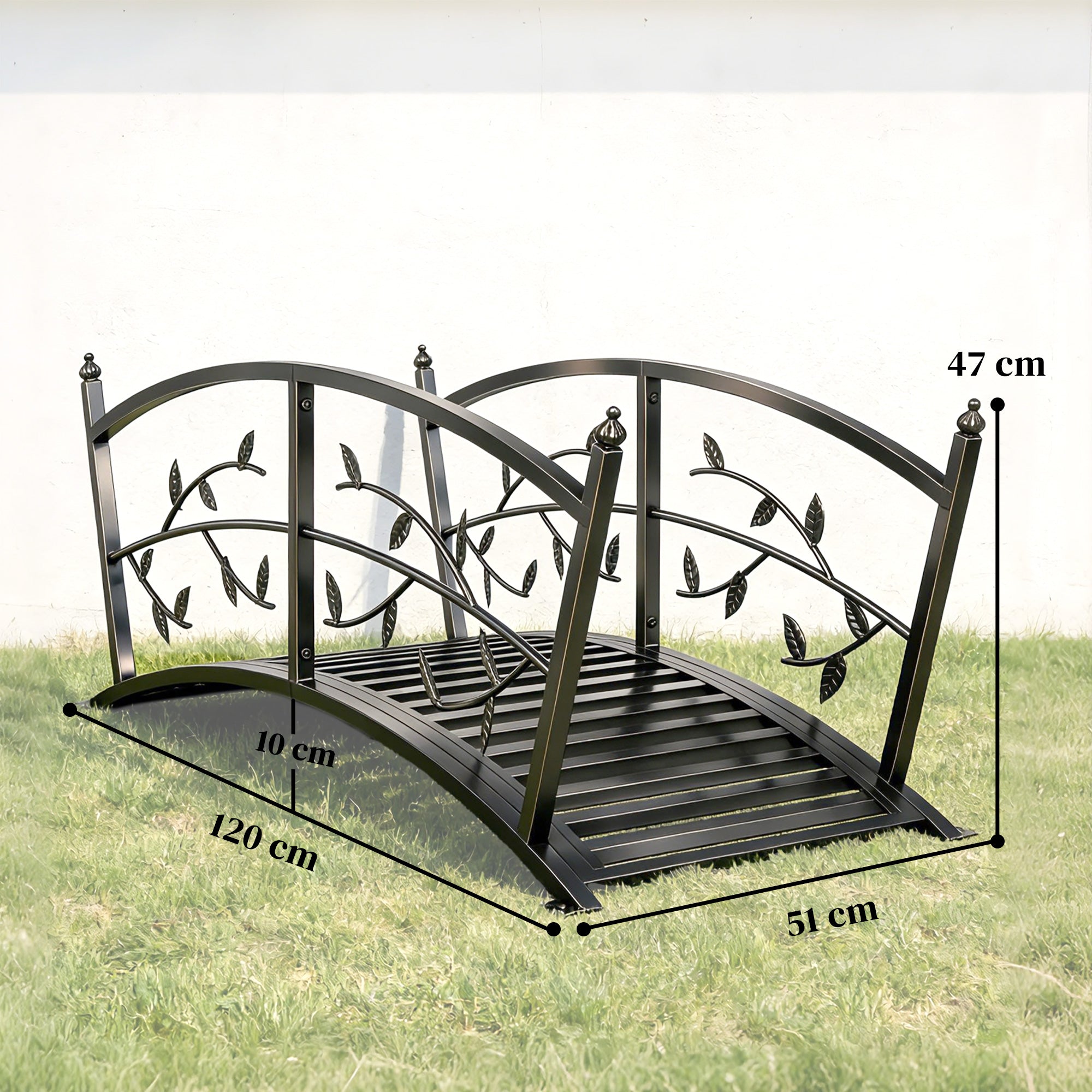 Outsunny Puente de Jardín Metálico, 1,2 m, Puente Decorativo para Estanques con Barandillas de Seguridad y Diseño de Hojas, Carga 100 kg, Construcción Resistente, Fácil Montaje, Negro