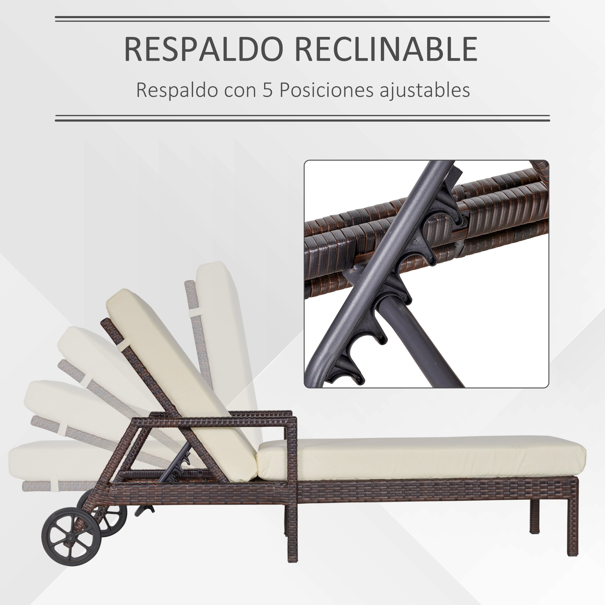 Outsunny Tumbona de Ratán de Jardín con Cojines Acolchados Respaldo Ajustable en 5 Posiciones 2 Ruedas y Tela Extraíble Lavable Carga 160 kg 67x196x96 cm Crema