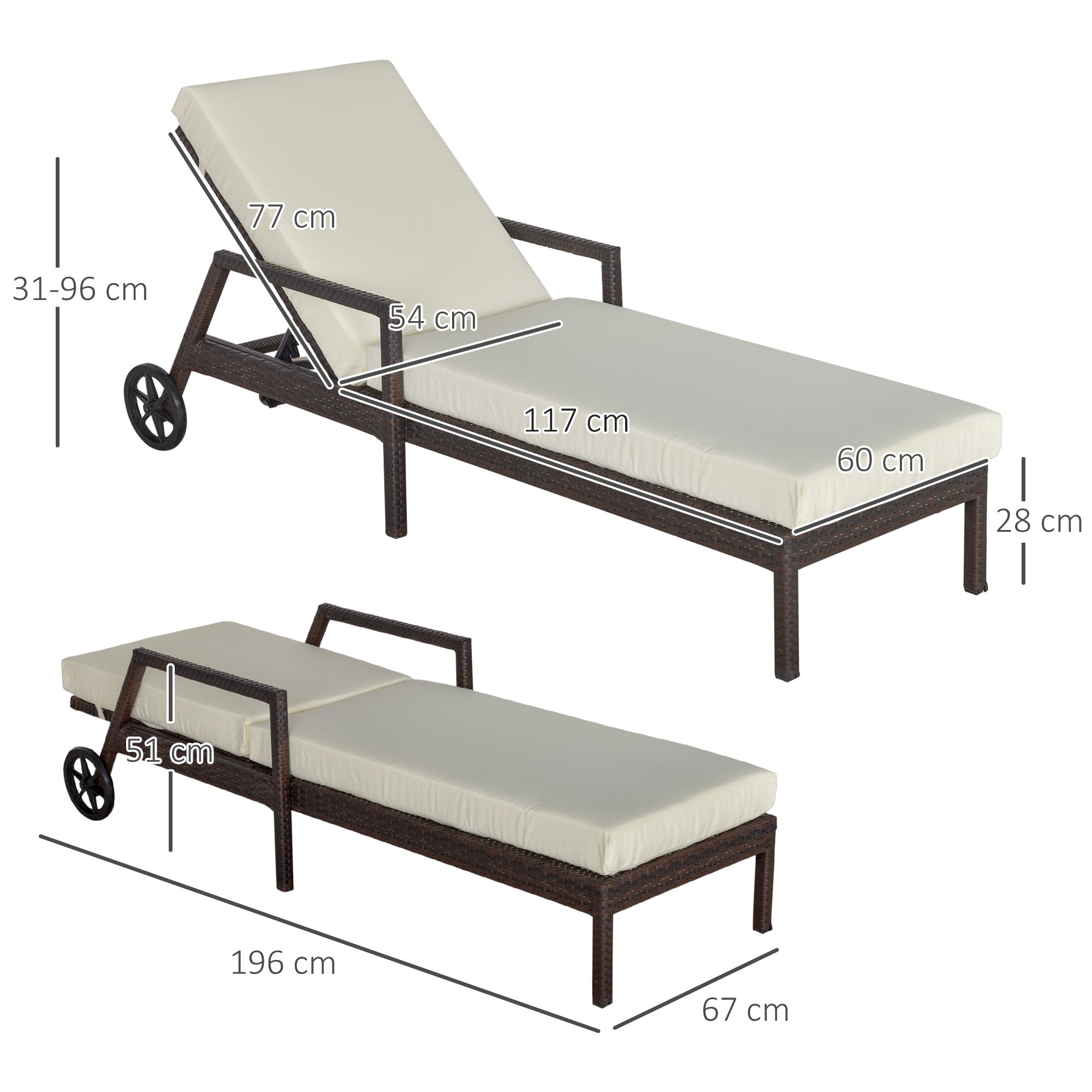 Outsunny Tumbona de Ratán de Jardín con Cojines Acolchados Respaldo Ajustable en 5 Posiciones 2 Ruedas y Tela Extraíble Lavable Carga 160 kg 67x196x96 cm Crema