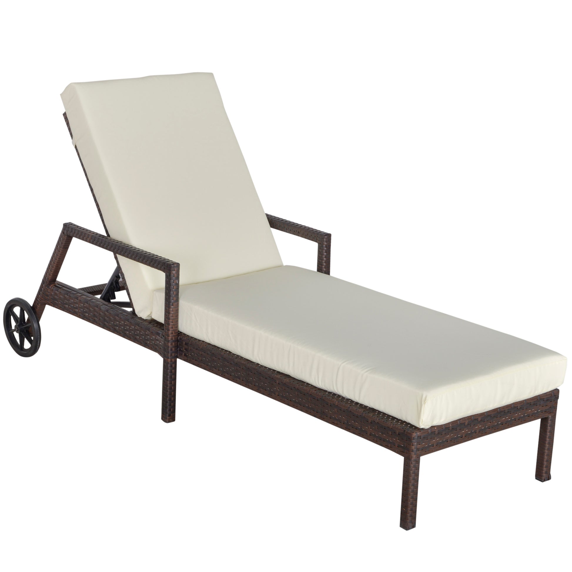 Outsunny Tumbona de Ratán de Jardín con Cojines Acolchados Respaldo Ajustable en 5 Posiciones 2 Ruedas y Tela Extraíble Lavable Carga 160 kg 67x196x96 cm Crema