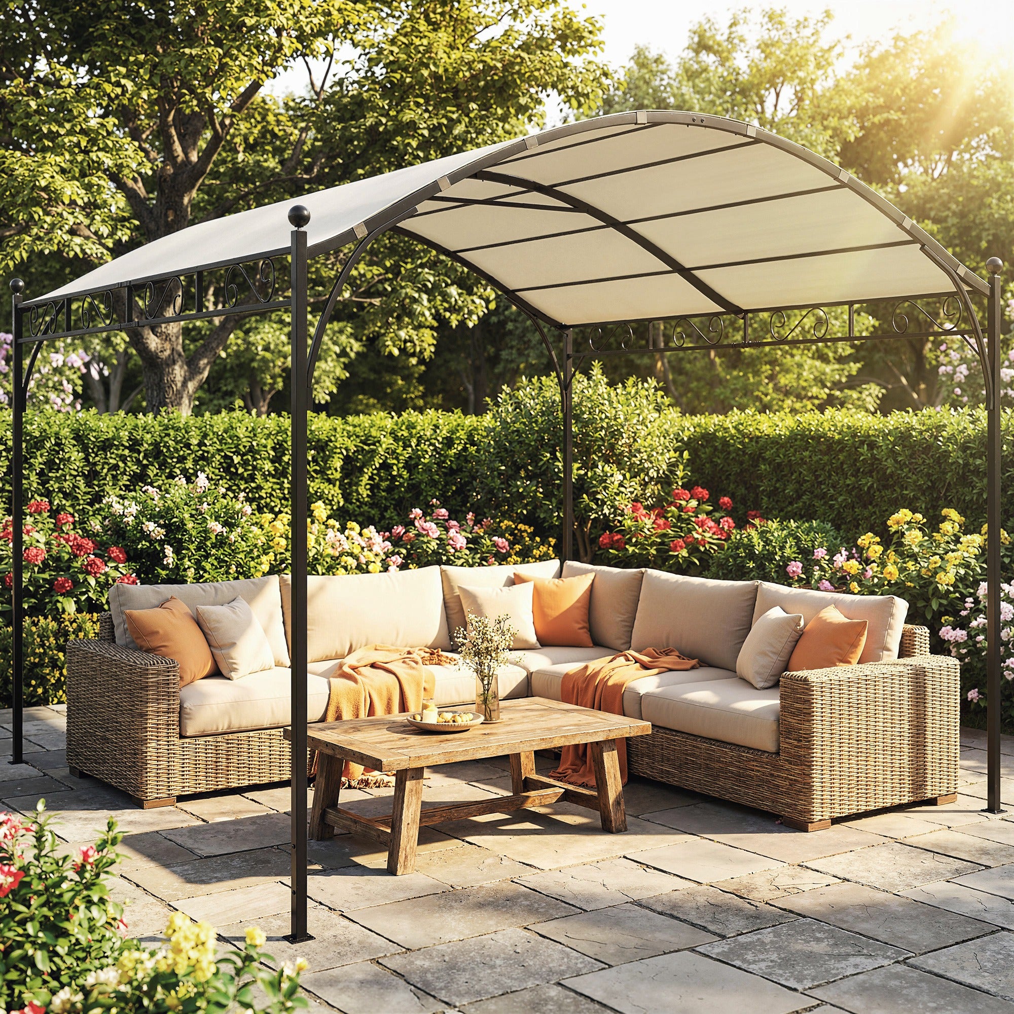 Outsunny Pérgola de Jardín 3x3 m, Cenador de Jardín con Techo Arqueado, Dosel UV30+ y Estructura de Metal Galvanizado, Pabellón para Exterior, Patio, Terraza, Blanco Crema