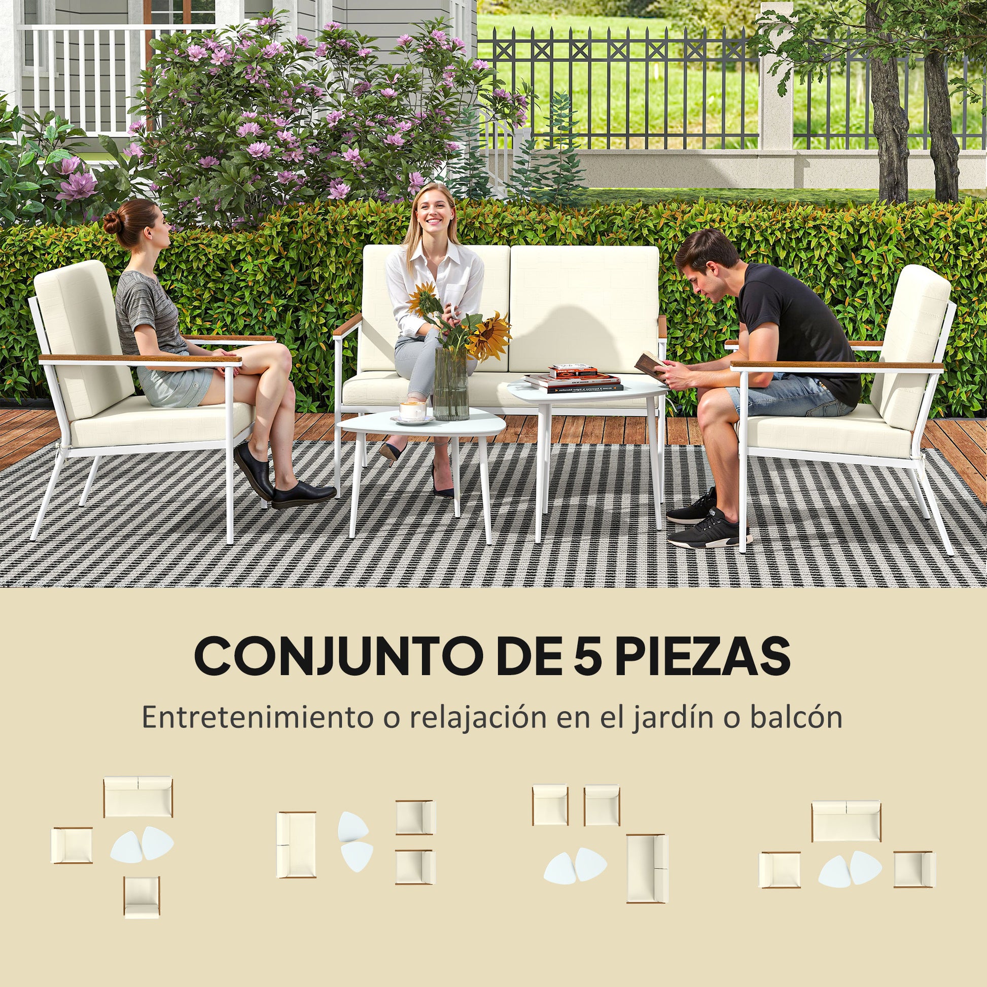 Outsunny Conjunto de Jardín Exterior 5 Piezas Muebles Jardín Exterior con 1 Sofá de 2 Plazas 2 Sillones y 2 Mesas de Centro con Tablero de Vidrio Templado Cojines Lavables Beige