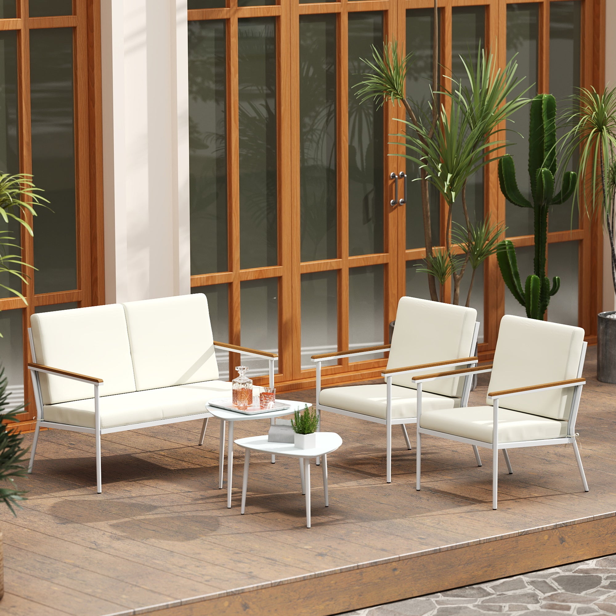 Outsunny Conjunto de Jardín Exterior 5 Piezas Muebles Jardín Exterior con 1 Sofá de 2 Plazas 2 Sillones y 2 Mesas de Centro con Tablero de Vidrio Templado Cojines Lavables Beige
