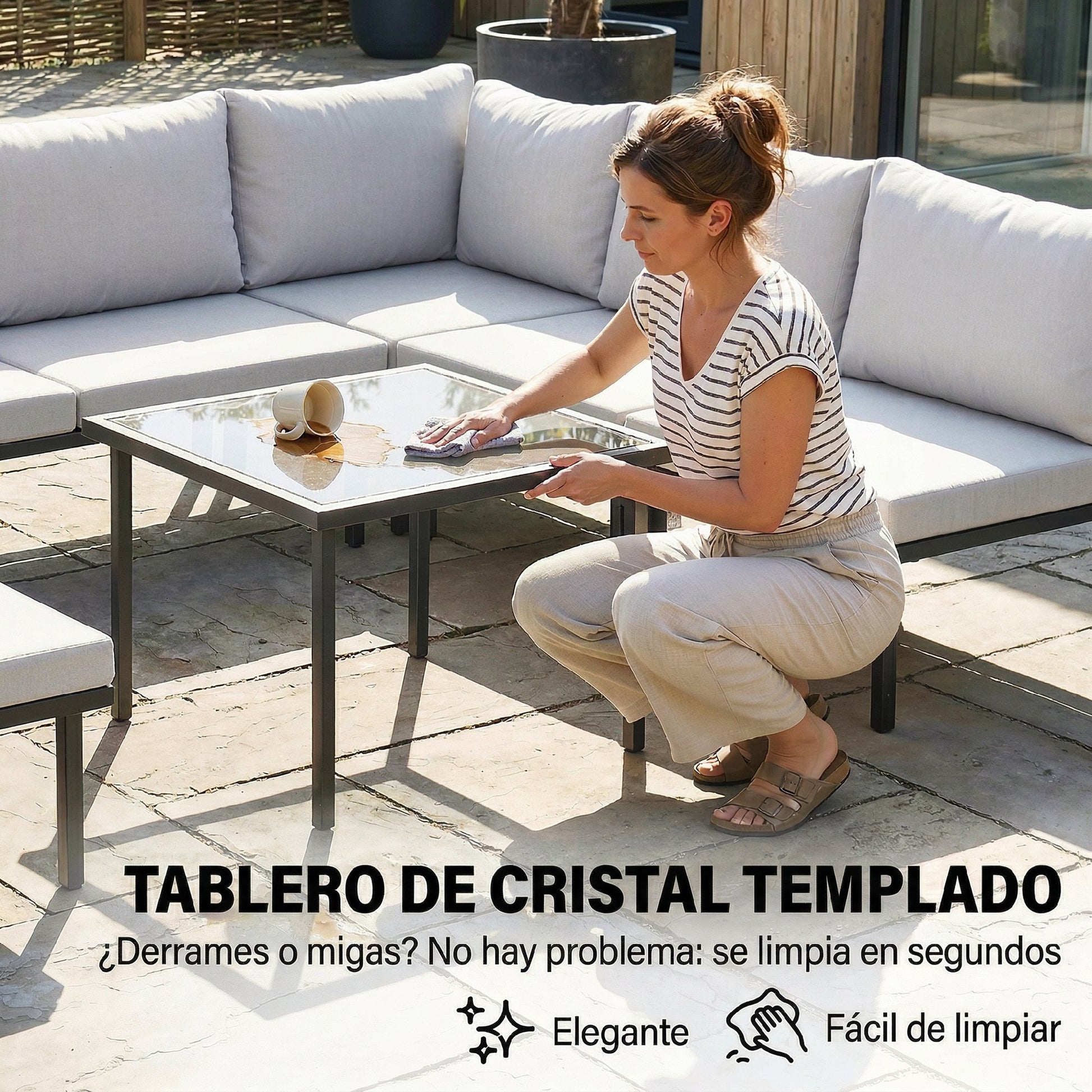 Outsunny Conjunto de Muebles Jardín Exterior de 6 Piezas Sofá Exterior Seccional Forma de L con Sofá de 2 Plazas Módulo de Esquina 2 Sillones Reposapiés Mesa con Tapa de Vidrio y Cojines Gris Claro