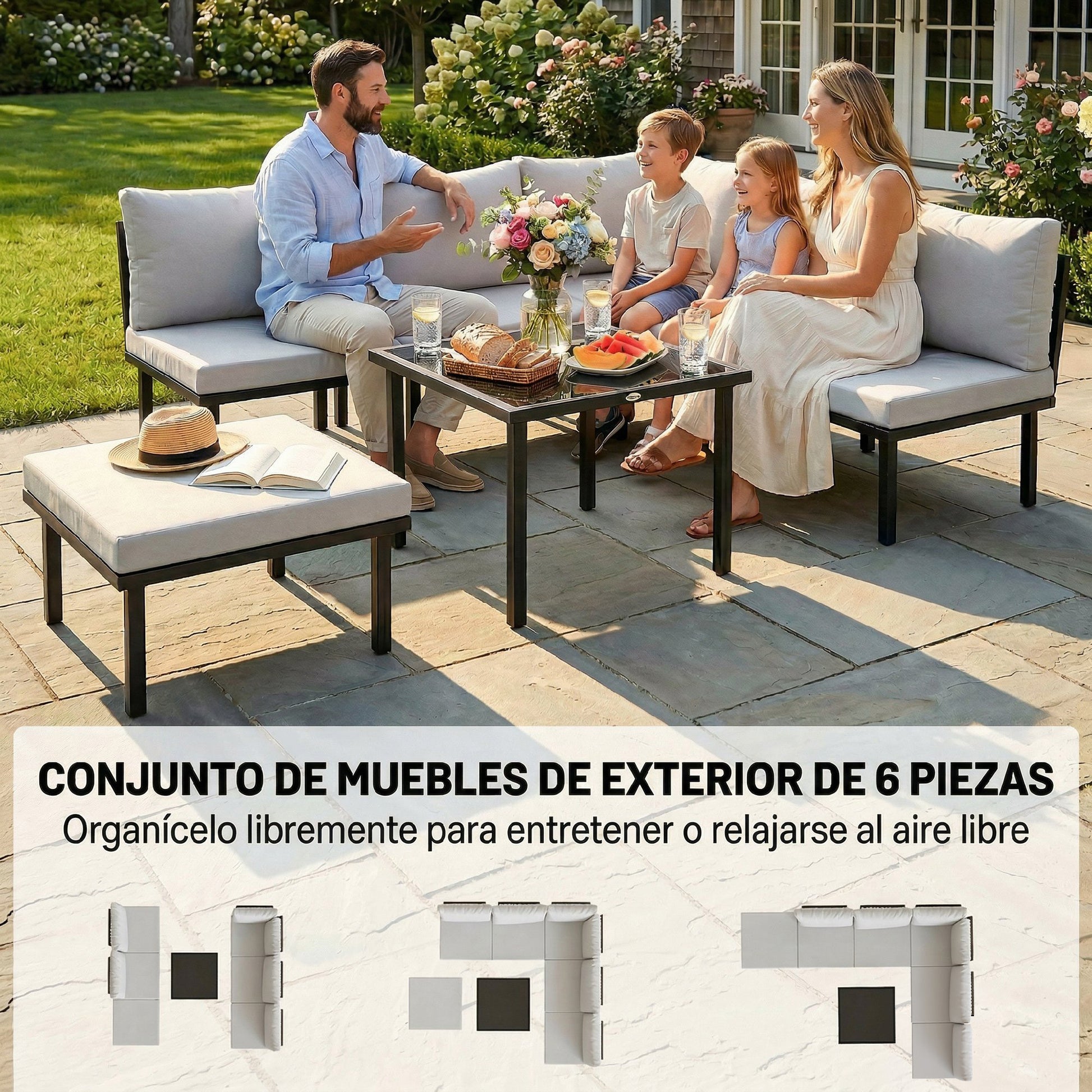 Outsunny Conjunto de Muebles Jardín Exterior de 6 Piezas Sofá Exterior Seccional Forma de L con Sofá de 2 Plazas Módulo de Esquina 2 Sillones Reposapiés Mesa con Tapa de Vidrio y Cojines Gris Claro