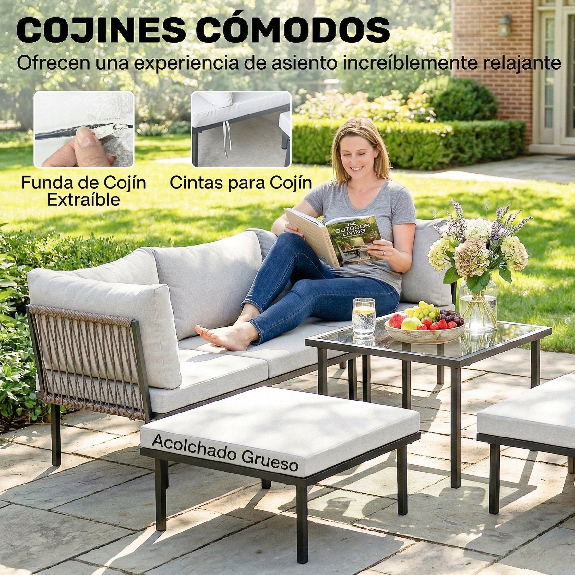 Outsunny Conjunto de Muebles Jardín Exterior de 6 Piezas Sofá Exterior Seccional Forma de L con Sofá de 2 Plazas Módulo de Esquina 2 Sillones Reposapiés Mesa con Tapa de Vidrio y Cojines Gris Claro