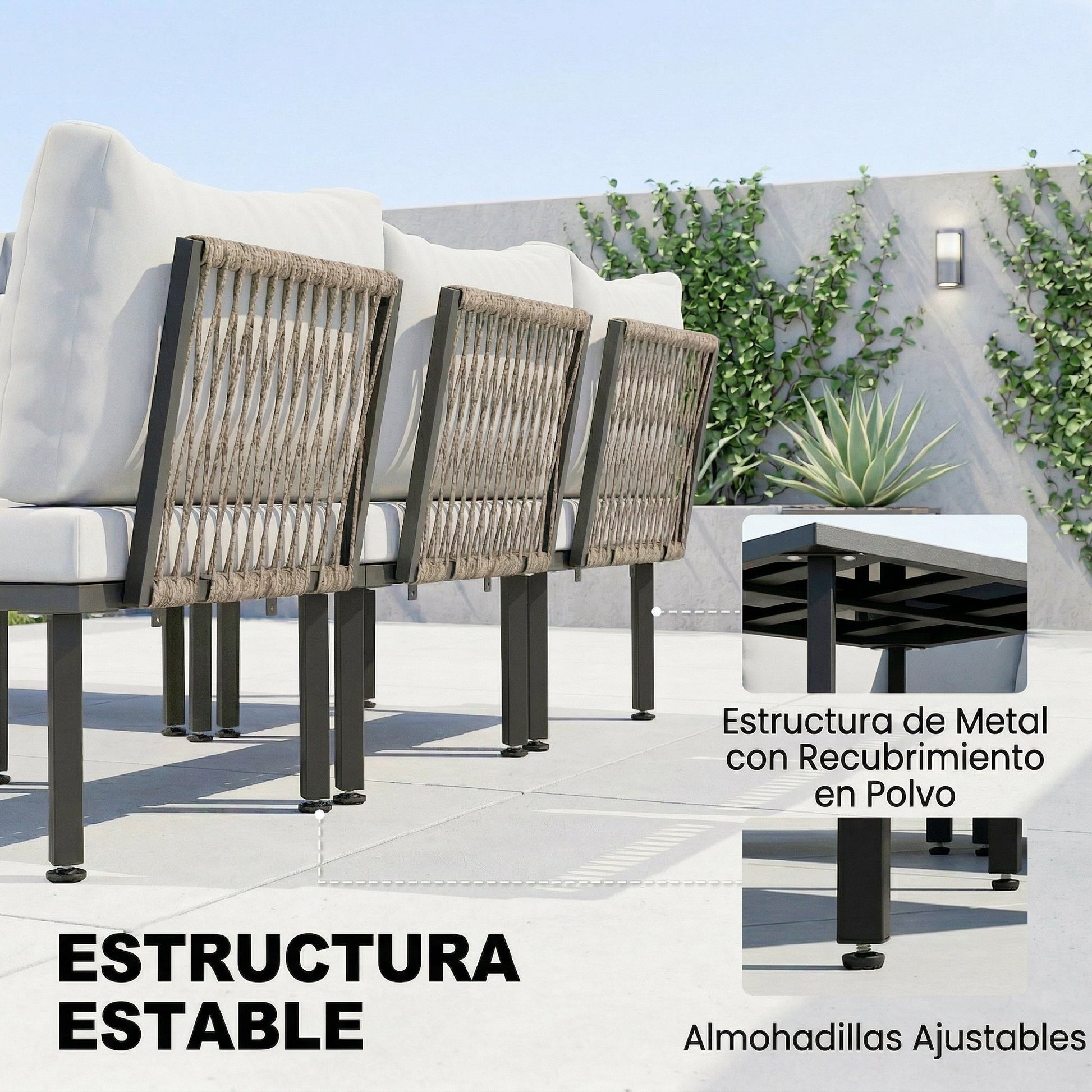 Outsunny Conjunto de Muebles Jardín Exterior de 6 Piezas Sofá Exterior Seccional Forma de L con Sofá de 2 Plazas Módulo de Esquina 2 Sillones Reposapiés Mesa con Tapa de Vidrio y Cojines Gris Claro