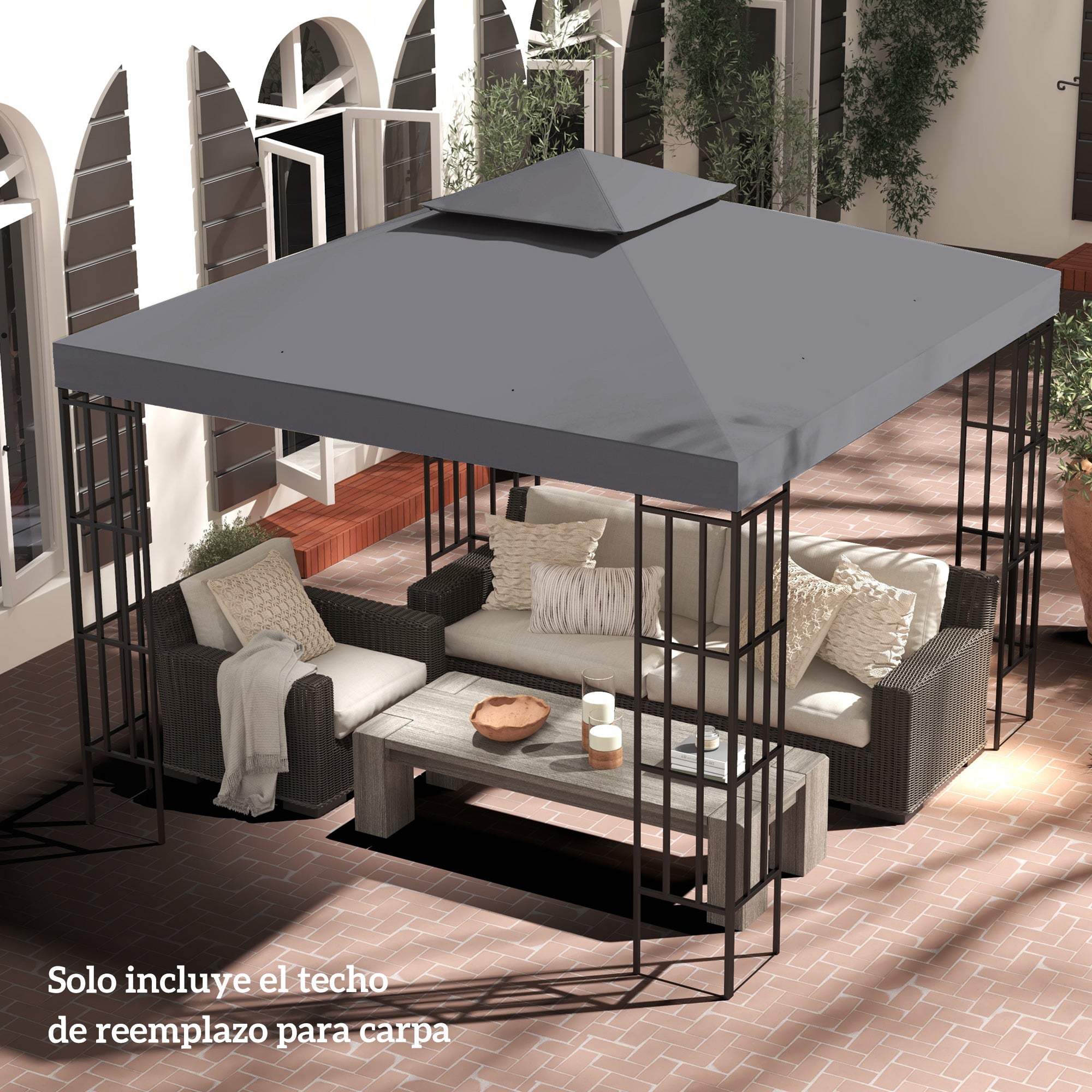 Outsunny Techo de Repuesto para Cenador, 3x3 m, Cubierta de Repuesto con Techo Doble, 8 Orificios de Drenaje y Protección UV, SOLO Toldo de Recambio para Pabellón Gazebo, Gris Oscuro