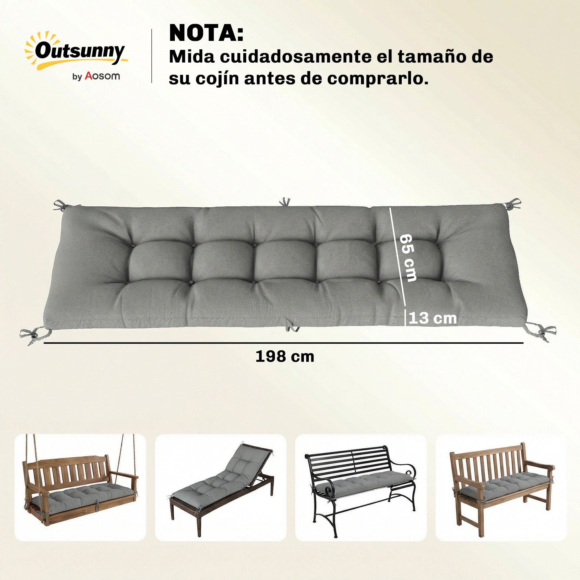 Outsunny Cojín para Banco Exterior, Cojín para Banco y Tumbona de Jardín con Correas de Sujeción, Protección UV50+, Rebote Lento, para Interior y Exterior, 198x65x13 cm, Gris Claro
