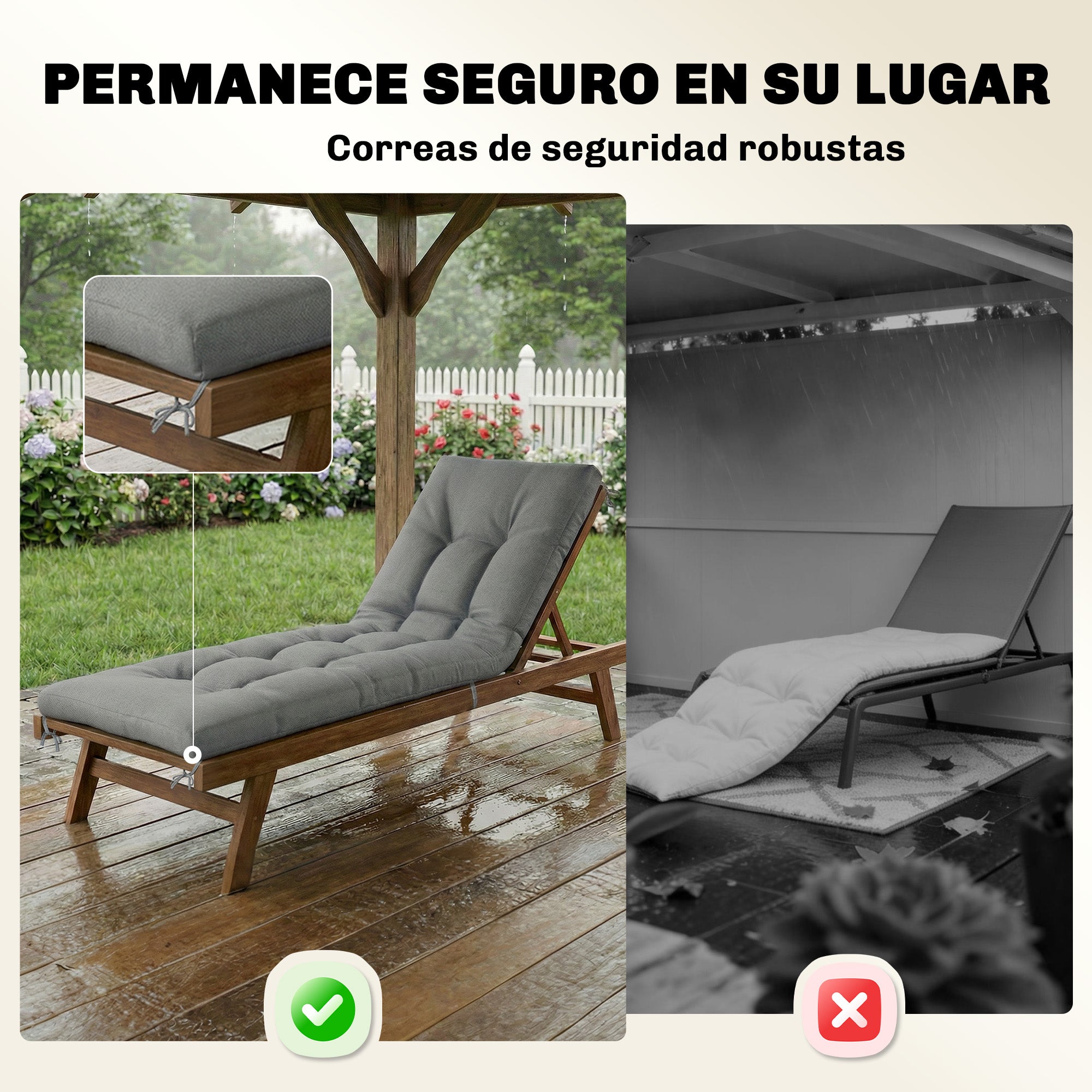 Outsunny Cojín para Banco Exterior, Cojín para Banco y Tumbona de Jardín con Correas de Sujeción, Protección UV50+, Rebote Lento, para Interior y Exterior, 198x65x13 cm, Gris Claro