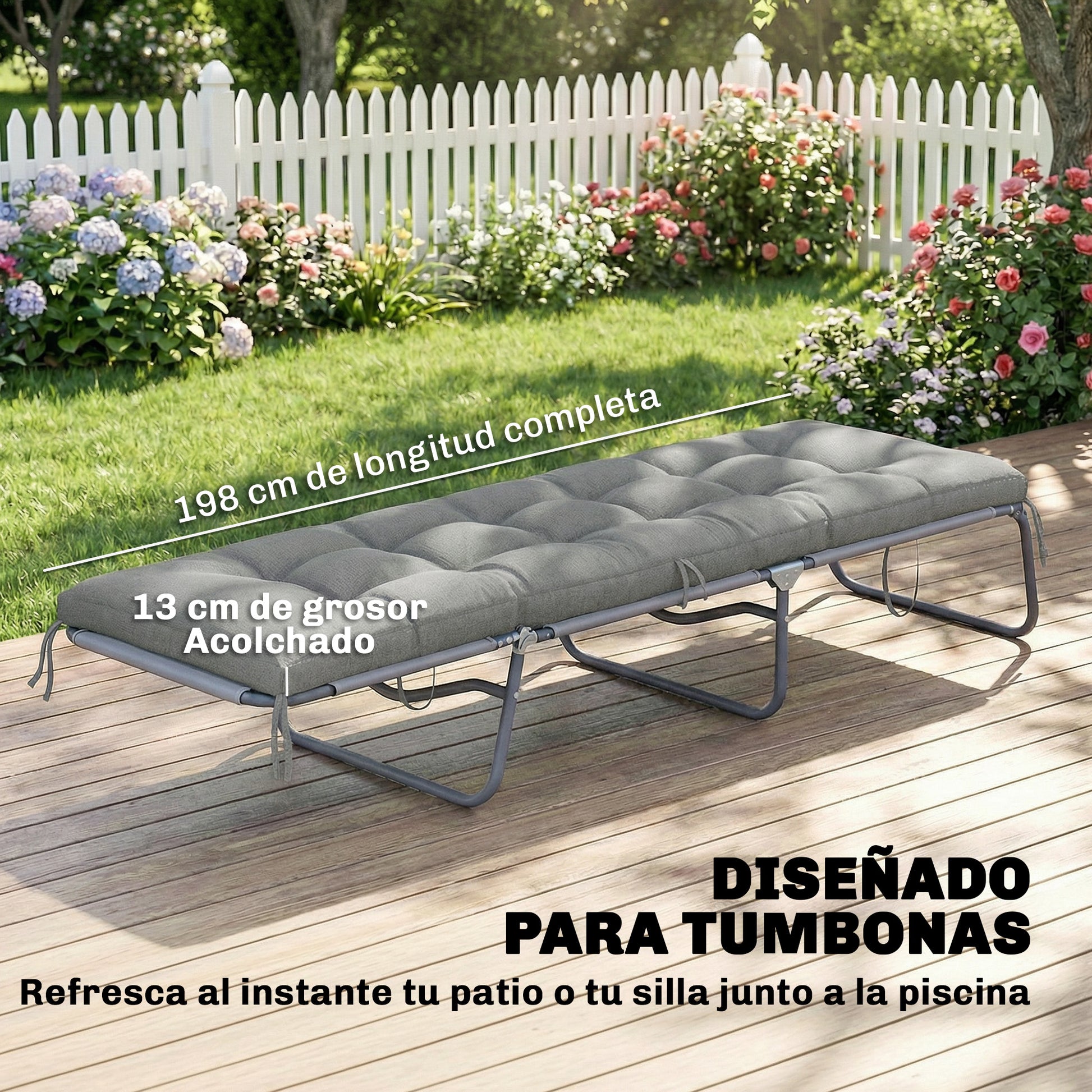 Outsunny Cojín para Banco Exterior, Cojín para Banco y Tumbona de Jardín con Correas de Sujeción, Protección UV50+, Rebote Lento, para Interior y Exterior, 198x65x13 cm, Gris Claro