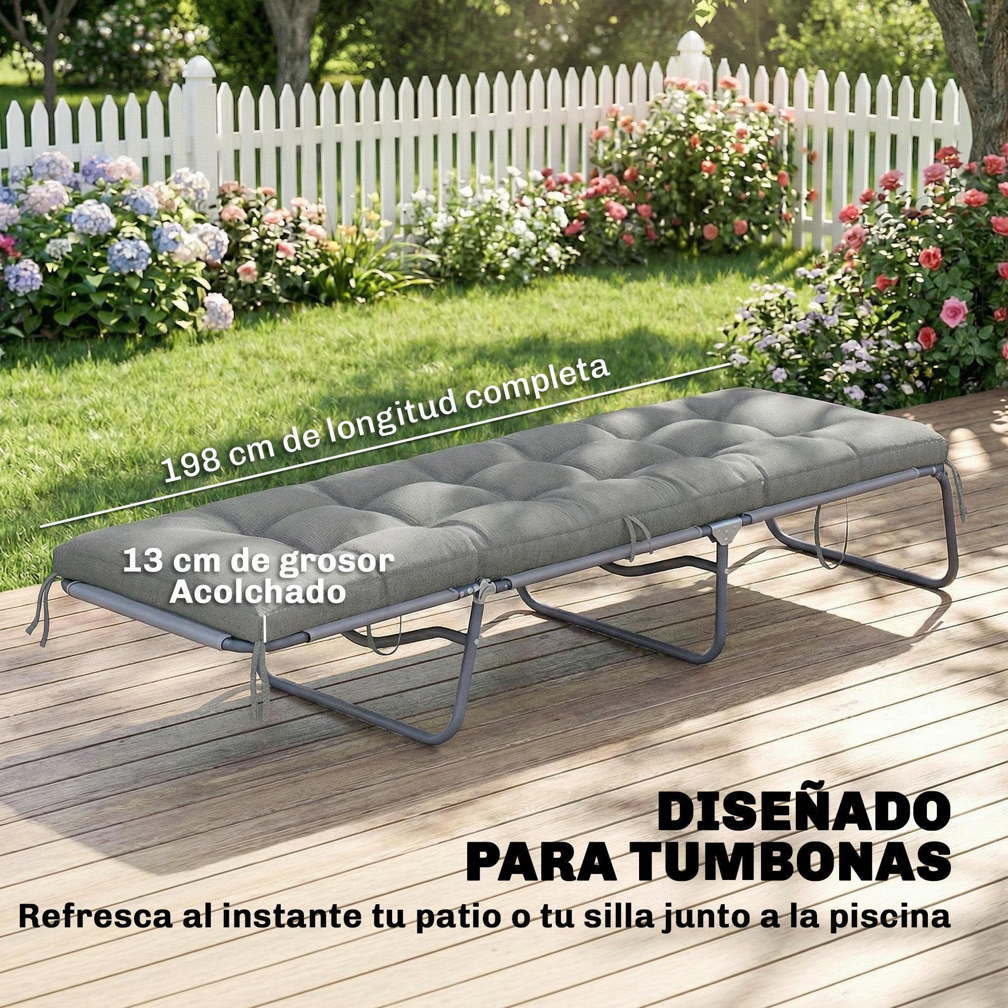 Outsunny Cojín para Banco Exterior, Cojín para Banco y Tumbona de Jardín con Correas de Sujeción, Protección UV50+, Rebote Lento, para Interior y Exterior, 198x65x13 cm, Gris Claro