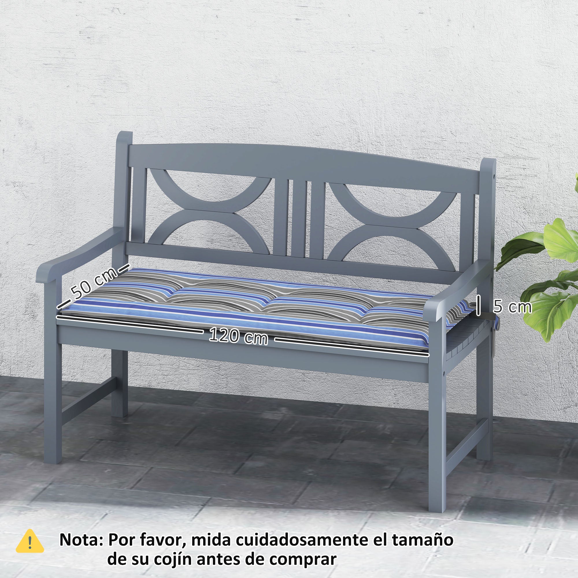 Outsunny Juego de 2 Cojines para Banco de Jardín de 2 Plazas 120x50x5 cm Cojines Rectangulares para Interior y Exterior Impermeable con Relleno Grueso y Cintas de Sujeción Rayas Multicolor