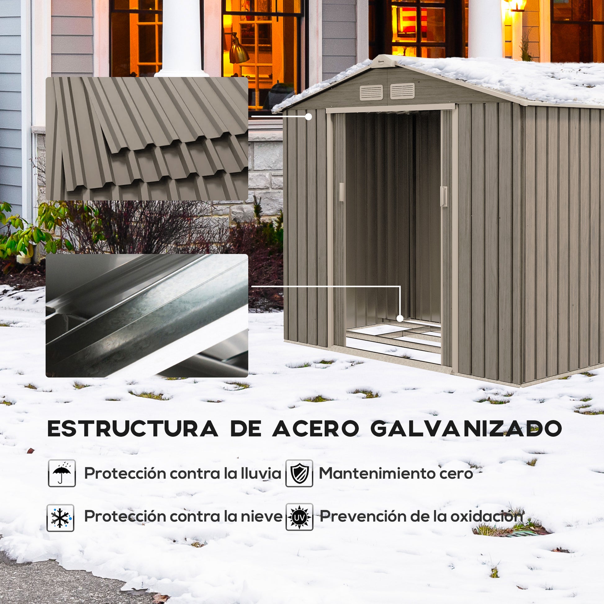 Outsunny Cobertizo de Jardín 2,42m² Efecto Madera con Base de Refuerzo Sin Suelo 213x130x185 cm Caseta de Jardín Exterior con 2 Puertas Correderas y 4 Ventanas para Almacenamiento de Herramientas