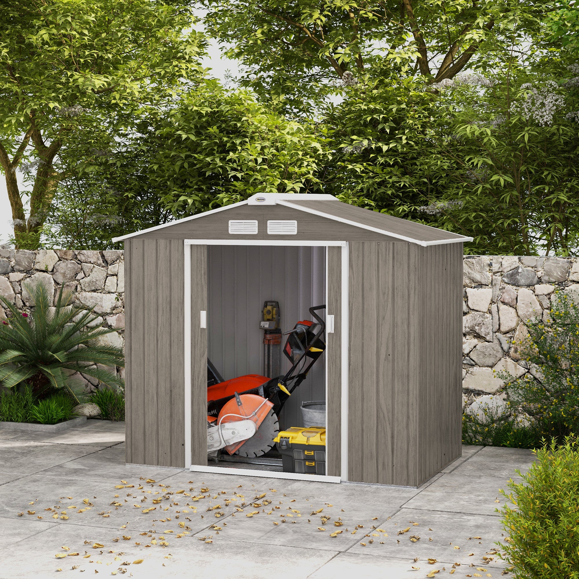 Outsunny Cobertizo de Jardín 2,42m² Efecto Madera con Base de Refuerzo Sin Suelo 213x130x185 cm Caseta de Jardín Exterior con 2 Puertas Correderas y 4 Ventanas para Almacenamiento de Herramientas