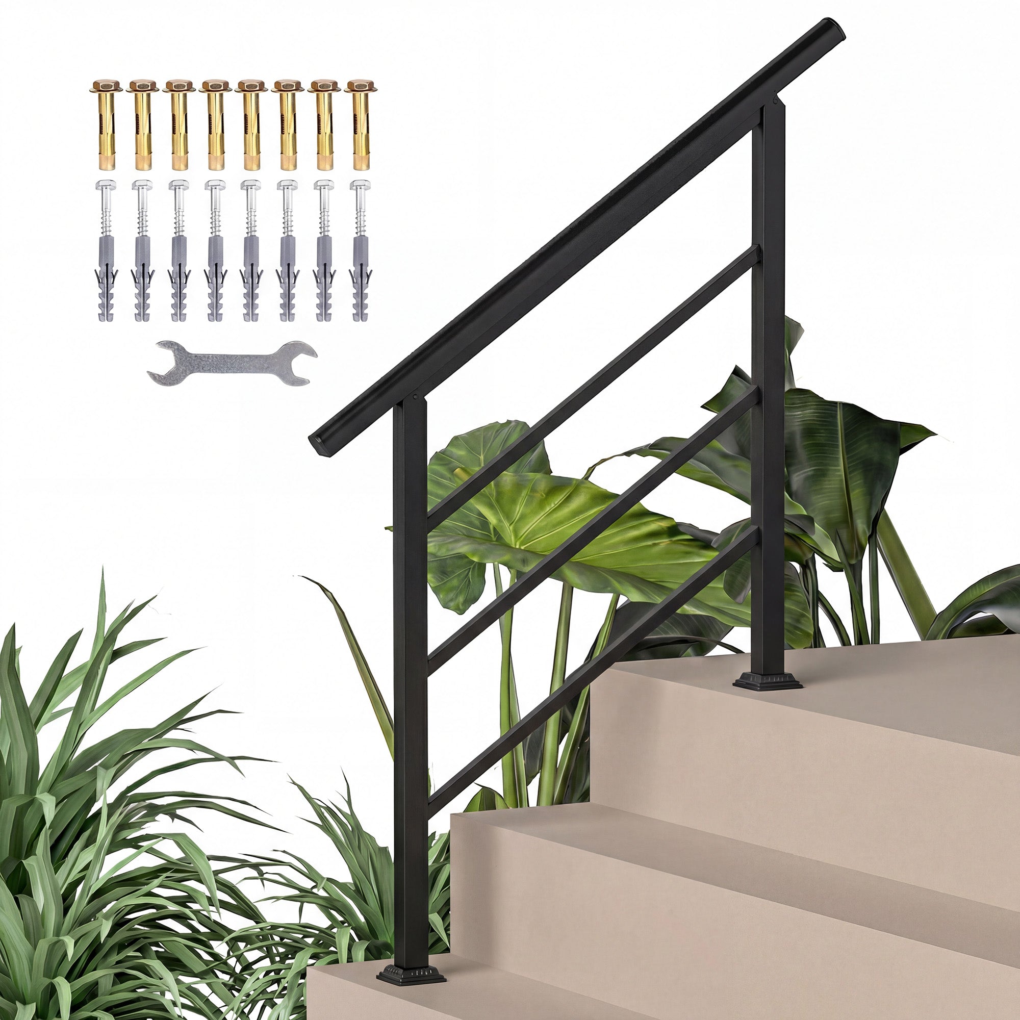 Outsunny Barandilla de Escalera, 95 cm, Pasamanos para Escalera con Kit de Instalación, Ángulo Ajustable para 1-3 Escalones, para Porches, Madera y Concreto, para Exterior, Terraza, Patio, Negro
