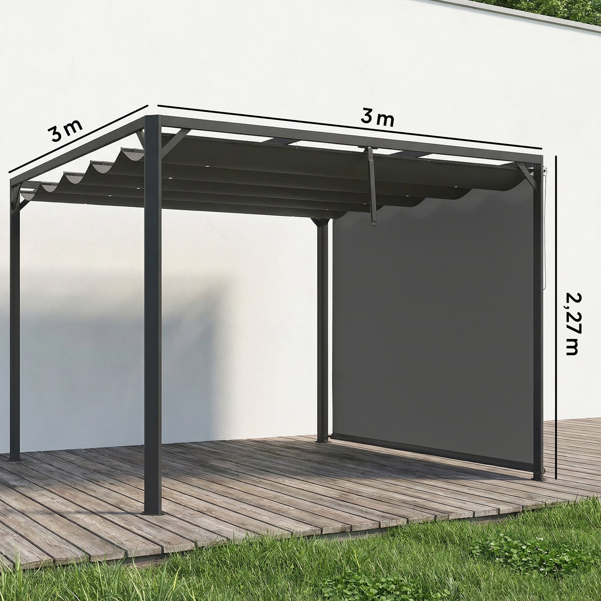 Outsunny Pérgola de Jardín 3x3 m con Techo Retráctil y Pared Lateral Enrollable, Cenador de Jardín con Estructura de Aluminio, UPF30+, Pabellón para Exterior, Patio, Terraza, Gris Oscuro
