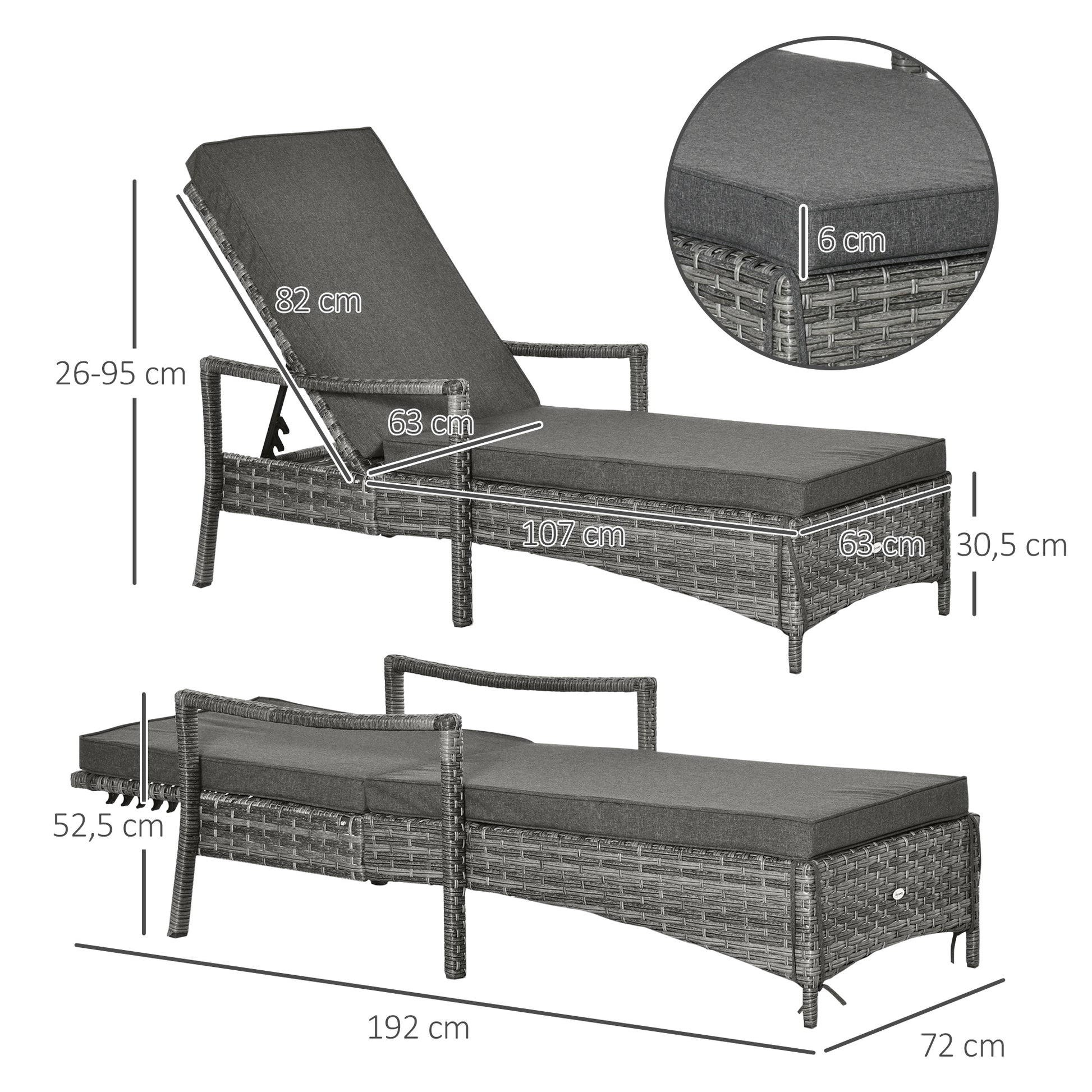 Outsunny Tumbona de Ratán de Jardín Chaise Longue con Respaldo Ajustable en 4 Posiciones Cojines Acolchados y Desenfundables para Terraza Patio Exterior 192x72x58-95 cm Gris