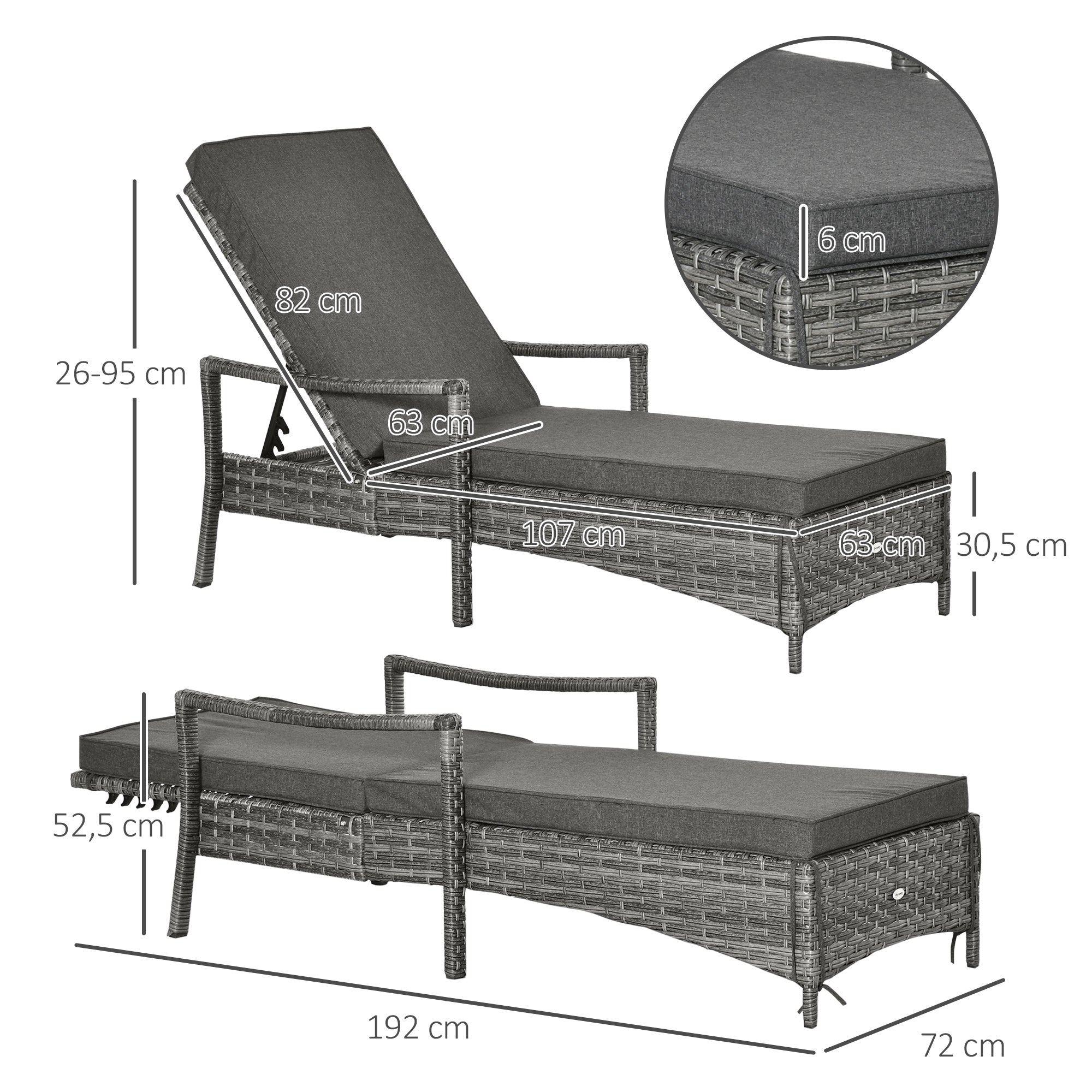Outsunny Tumbona de Ratán de Jardín Chaise Longue con Respaldo Ajustable en 4 Posiciones Cojines Acolchados y Desenfundables para Terraza Patio Exterior 192x72x58-95 cm Gris