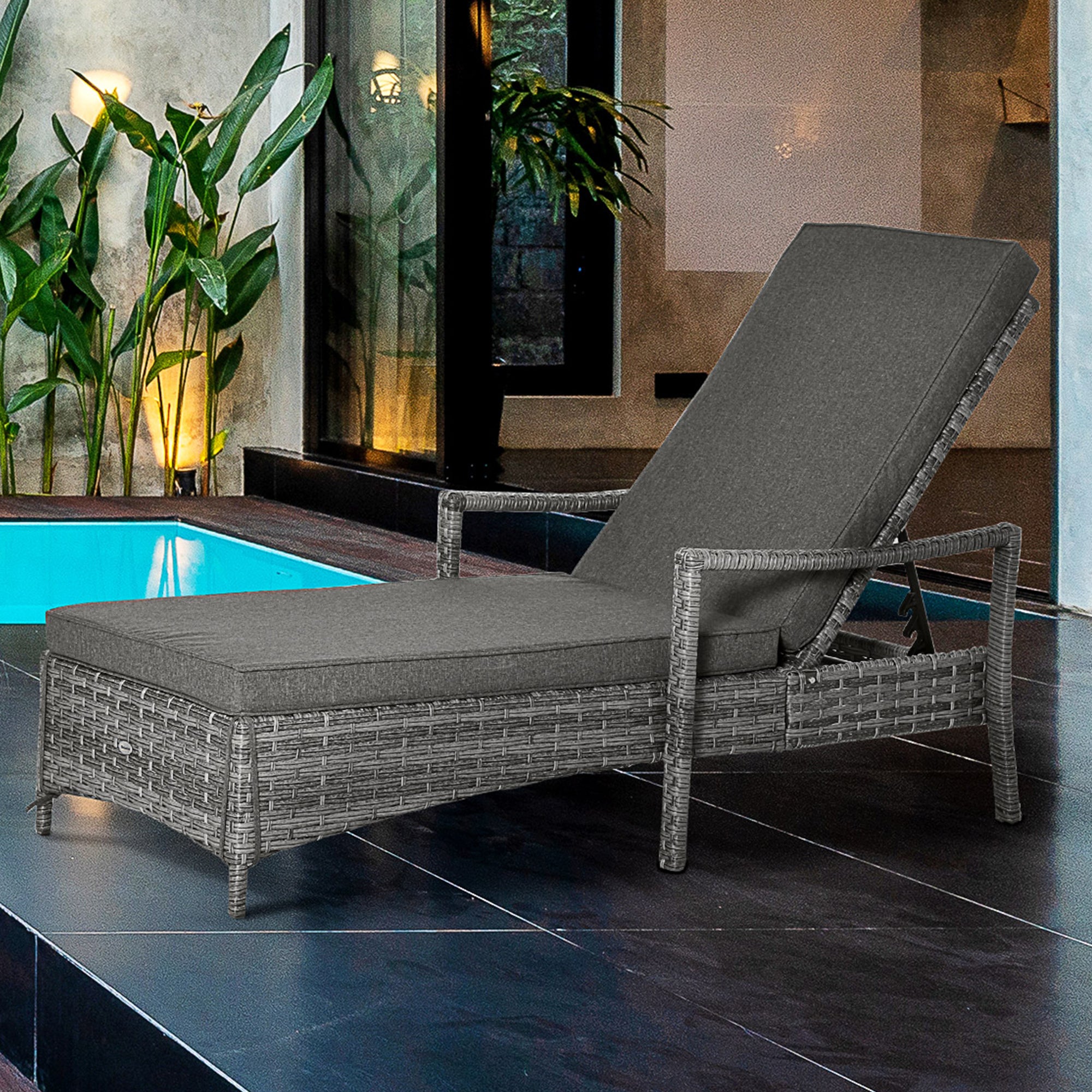 Outsunny Tumbona de Ratán de Jardín Chaise Longue con Respaldo Ajustable en 4 Posiciones Cojines Acolchados y Desenfundables para Terraza Patio Exterior 192x72x58-95 cm Gris